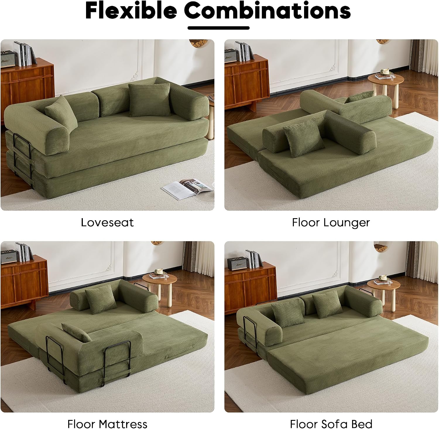 ZEIINPA Convertible Folding Couch Bed, Comfy Corduroy Sleeper Floor Sofa Bed with Fixed-Shape Frame, Floor Sofa with Armrest, Lounge Couch for Living Room Bedroom Lounge Studio, Green