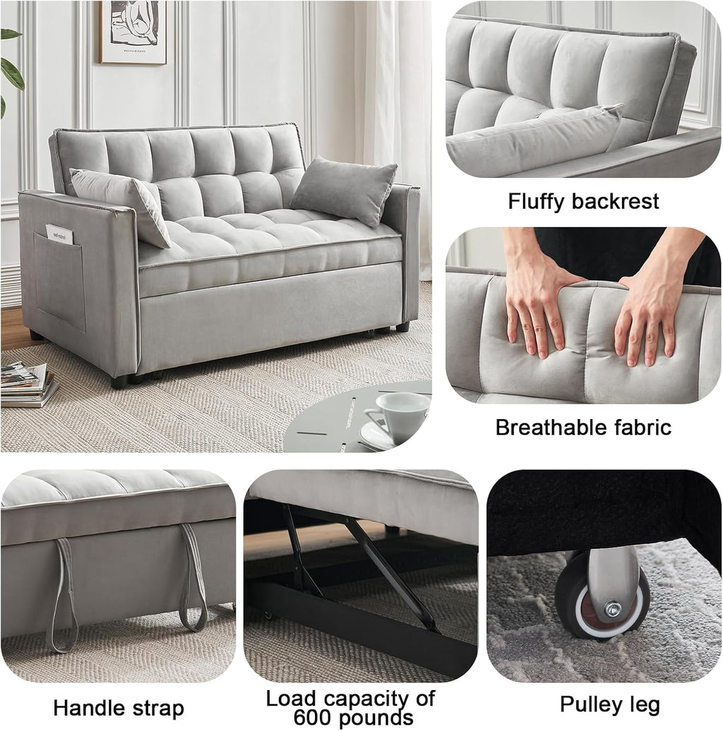ECHINGLE Futon Sofa Bed, 3 in 1 Sleeper Sofa Couch Bed with Armrests, Storage Pockets and 2 Pillows, Adjustable Backrest, Sofa Bed Couch for Living Room, Bedroom, Office,Reading Room(Grey)