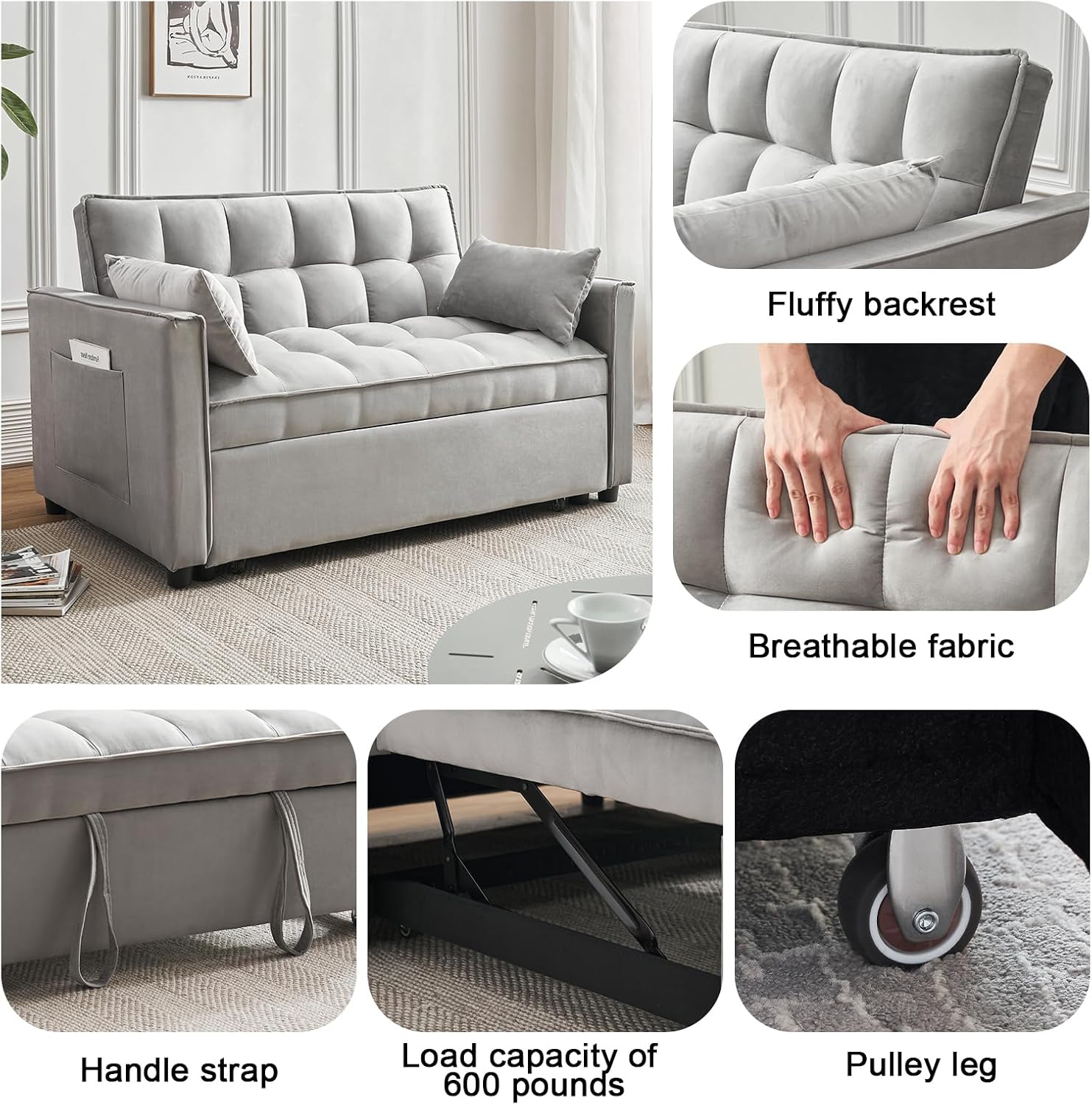 ECHINGLE Futon Sofa Bed, 3 in 1 Sleeper Sofa Couch Bed with Armrests, Storage Pockets and 2 Pillows, Adjustable Backrest, Sofa Bed Couch for Living Room, Bedroom, Office,Reading Room(Grey)