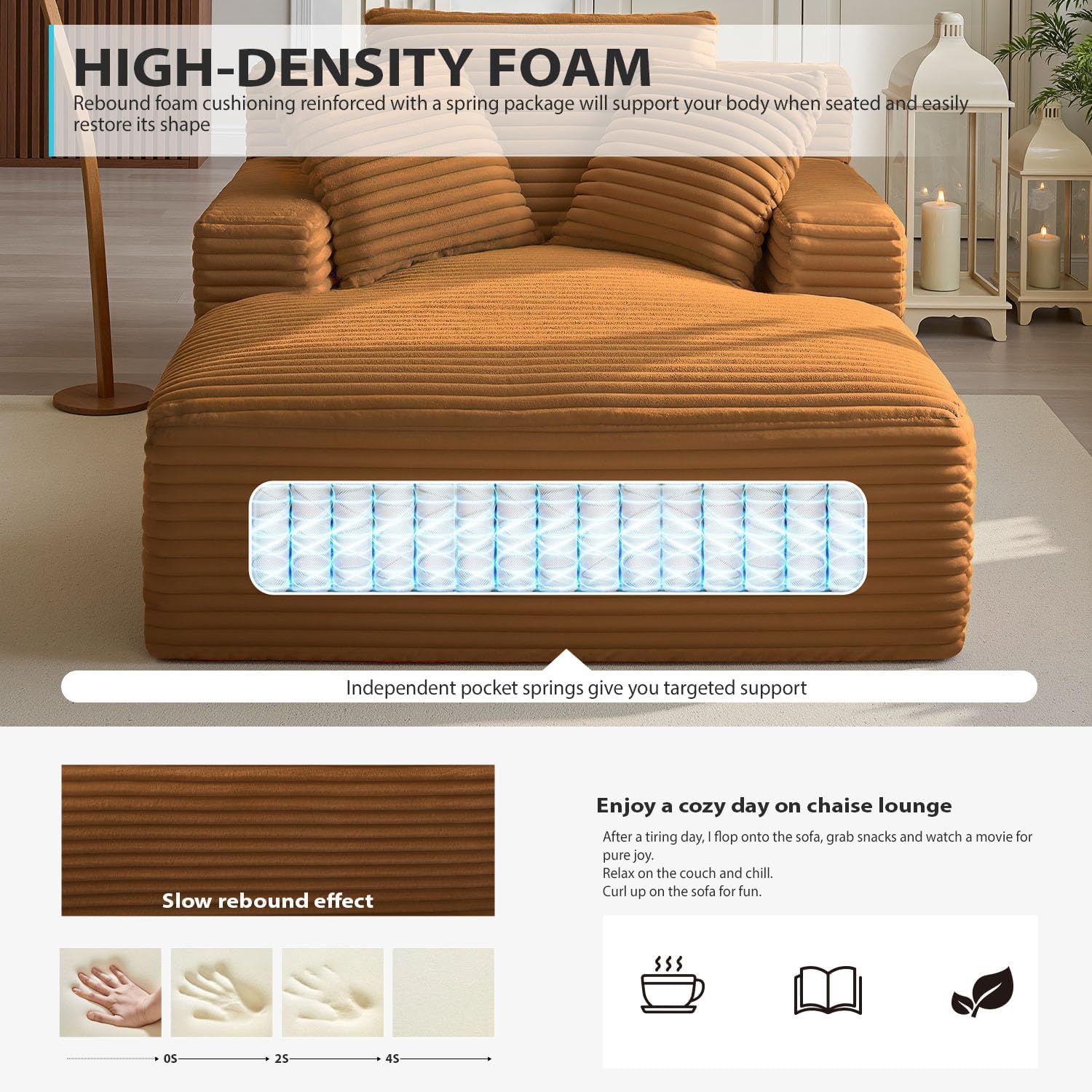 50 Inches Chaise Lounge Indoor, Oversized Chaise Lounge Chair with 3 Throw Pillows and Armrests, Corduroy Upholstered Plush Sofa Bed Lazy Chair Bed Sleeper Chair for Living Room Apartment (Orange)