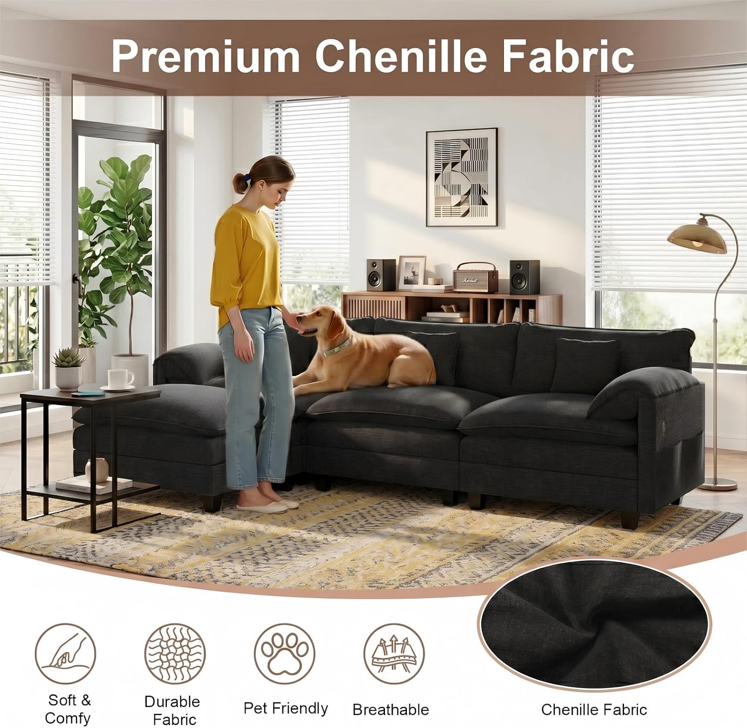 KCGKCG Modular Sectional Sofa, 108' Comfy Cloud Couch with Movable Ottoman | Charging Station | Side Pocket | Throw Pillow, Modern L-Shaped Couches for Living Room, Chenille, Classic Black