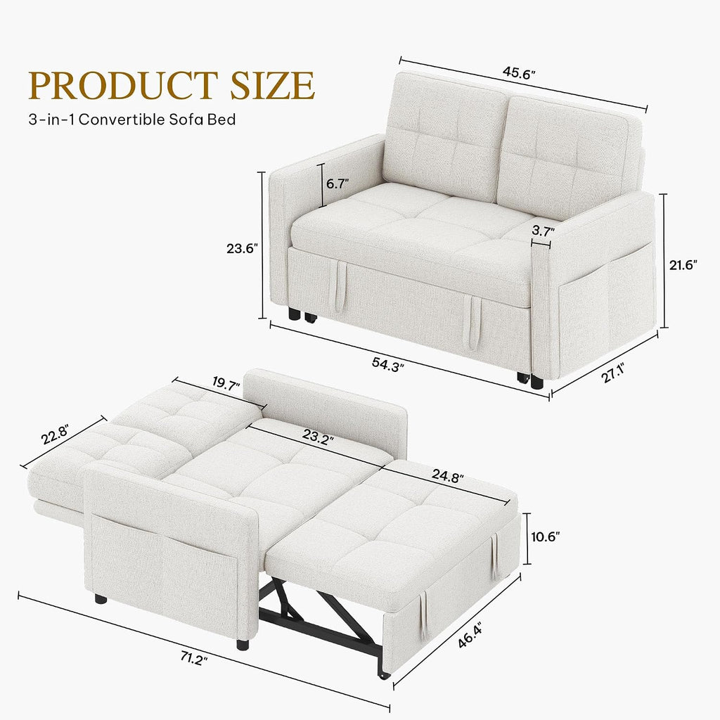 DWVO 55' Convertible Sofa Bed, 3-in-1 Sleeper Sofa with Pull-Out Bed, Linen Futon Couch with Adjustable Backrest and Side Pocket, Modern Loveseat for Living Room Apartment, Light Beige