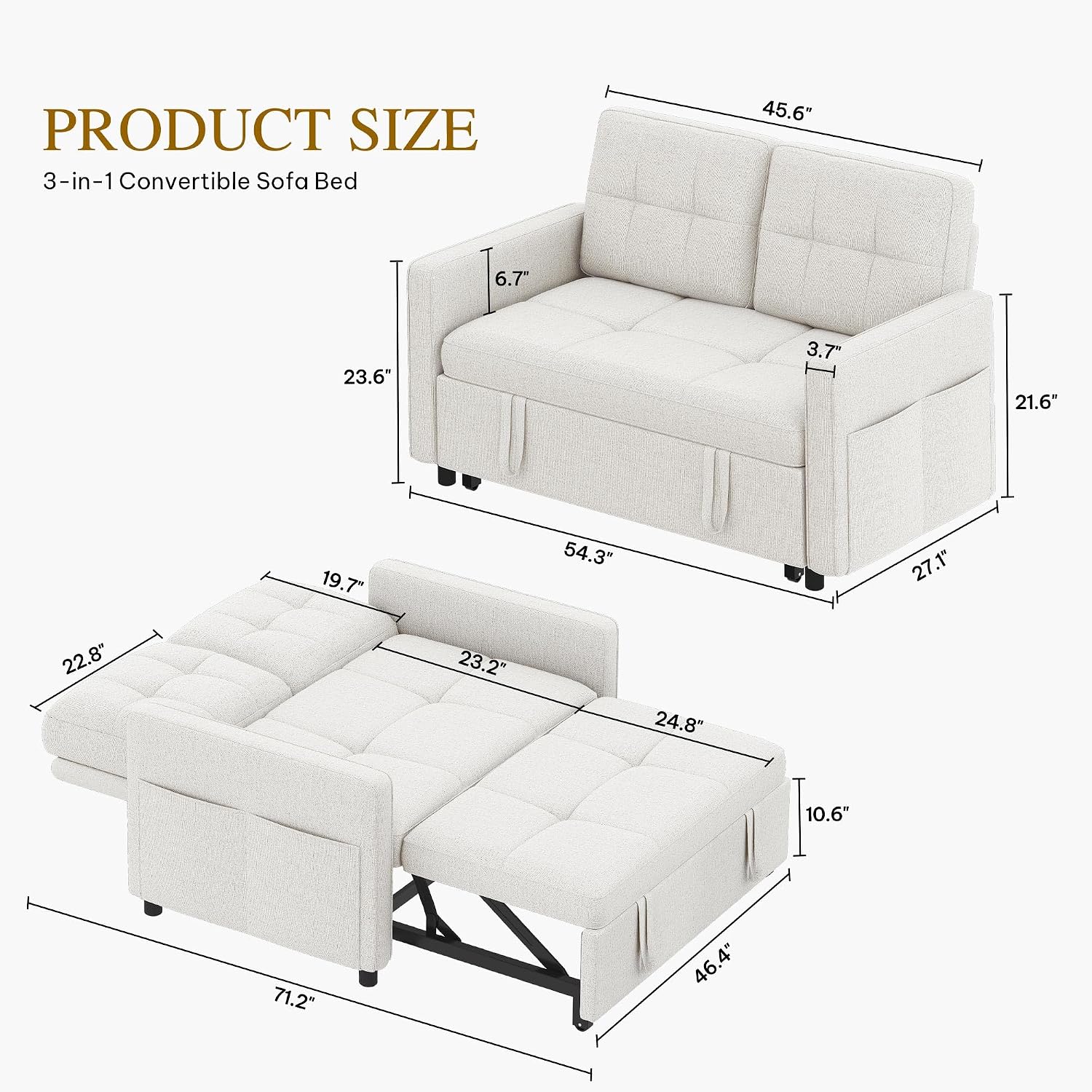 DWVO 55' Convertible Sofa Bed, 3-in-1 Sleeper Sofa with Pull-Out Bed, Linen Futon Couch with Adjustable Backrest and Side Pocket, Modern Loveseat for Living Room Apartment, Light Beige