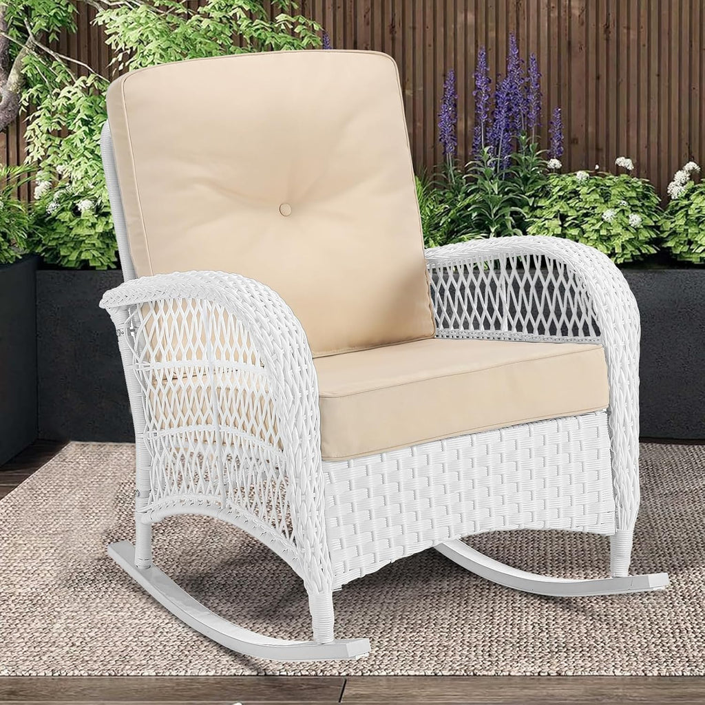 MEETWARM Outdoor Wicker Rocking Chair, Rattan Patio Rocker Chairs with Cushions and High Back, All-Weather Patio Wicker Chair with Safe Rocking Design for Garden Backyard Porch, White/Beige