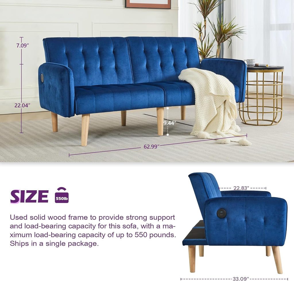TYBOATLE 62.99' W Velvet Modern Convertible Folding Futon Couch Sofa Bed w/ 2 USB Charging Ports for Compact Living Space, Small Couches for Office, Dorm, RV Room, Apartment, Bedroom (Navy Blue)