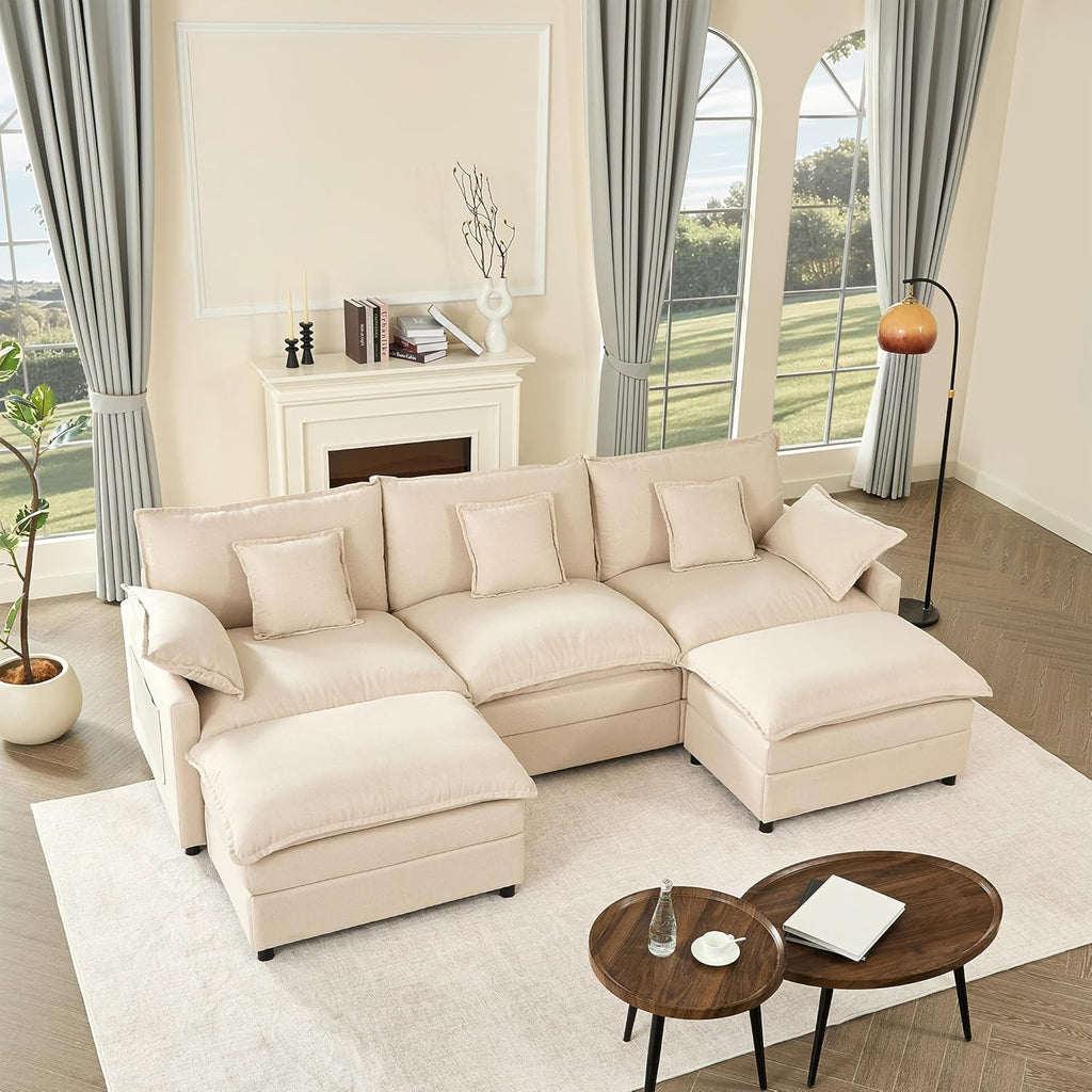 GOSUHI 108' U Shaped Couch, Modular Sectional Sofa, 3-Seater Comfy Cloud Couch, Set of Modular Pieces with Movable Ottoman, Deep Seat Couches for Living Room, Linen, Beige