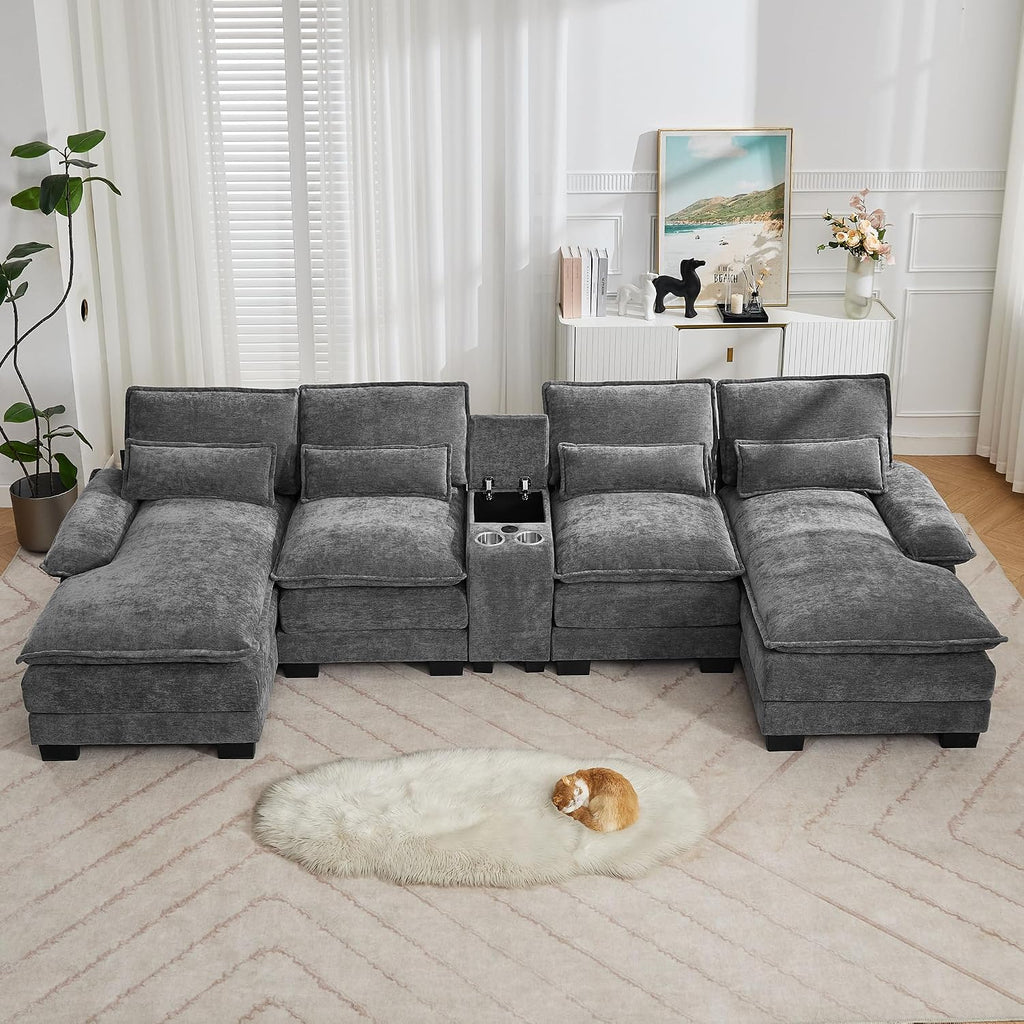 125'' U Shaped Cloud Modular Sofa, Chenille Upholstered Comfy Sectional Couch with Storage Console, USB Charging Ports & Cup Holders, Modern Deep Seat Sofa for Living Room, Grey
