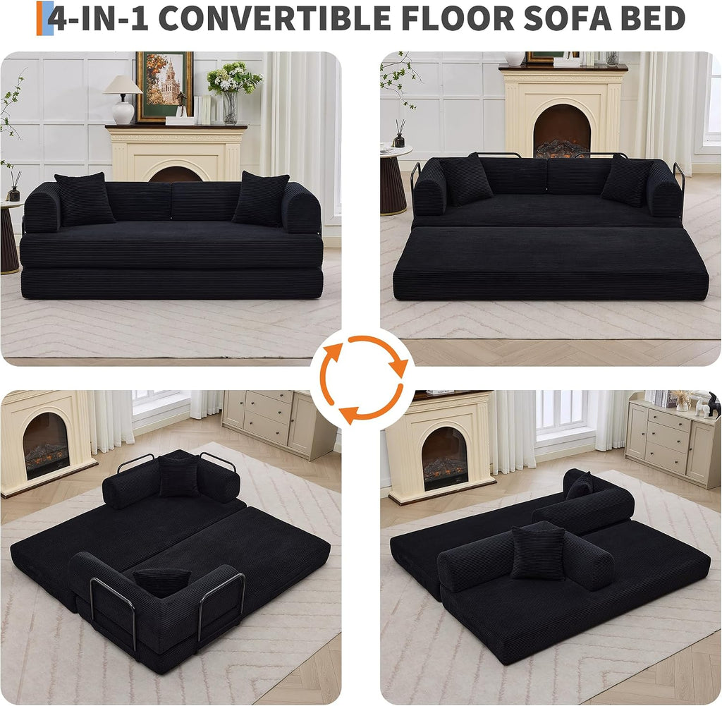 GarveeHome 79' Convertible Sleeper Sofa Bed Couch, 4-in-1 Boneless Corduroy Folding Sofa Bed with Pillow & Fixed-Shape, Floor Mattress Couch Loveseat for Living Room Apartments - No Assembly, Black