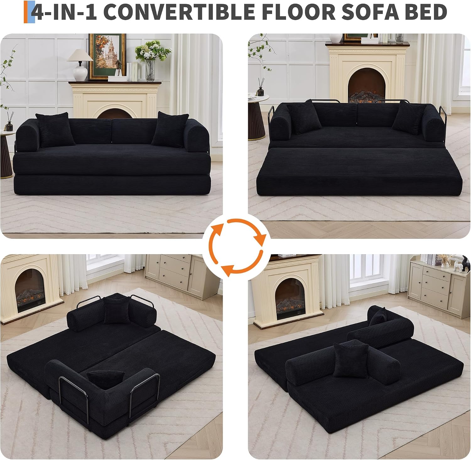 GarveeHome 79' Convertible Sleeper Sofa Bed Couch, 4-in-1 Boneless Corduroy Folding Sofa Bed with Pillow & Fixed-Shape, Floor Mattress Couch Loveseat for Living Room Apartments - No Assembly, Black