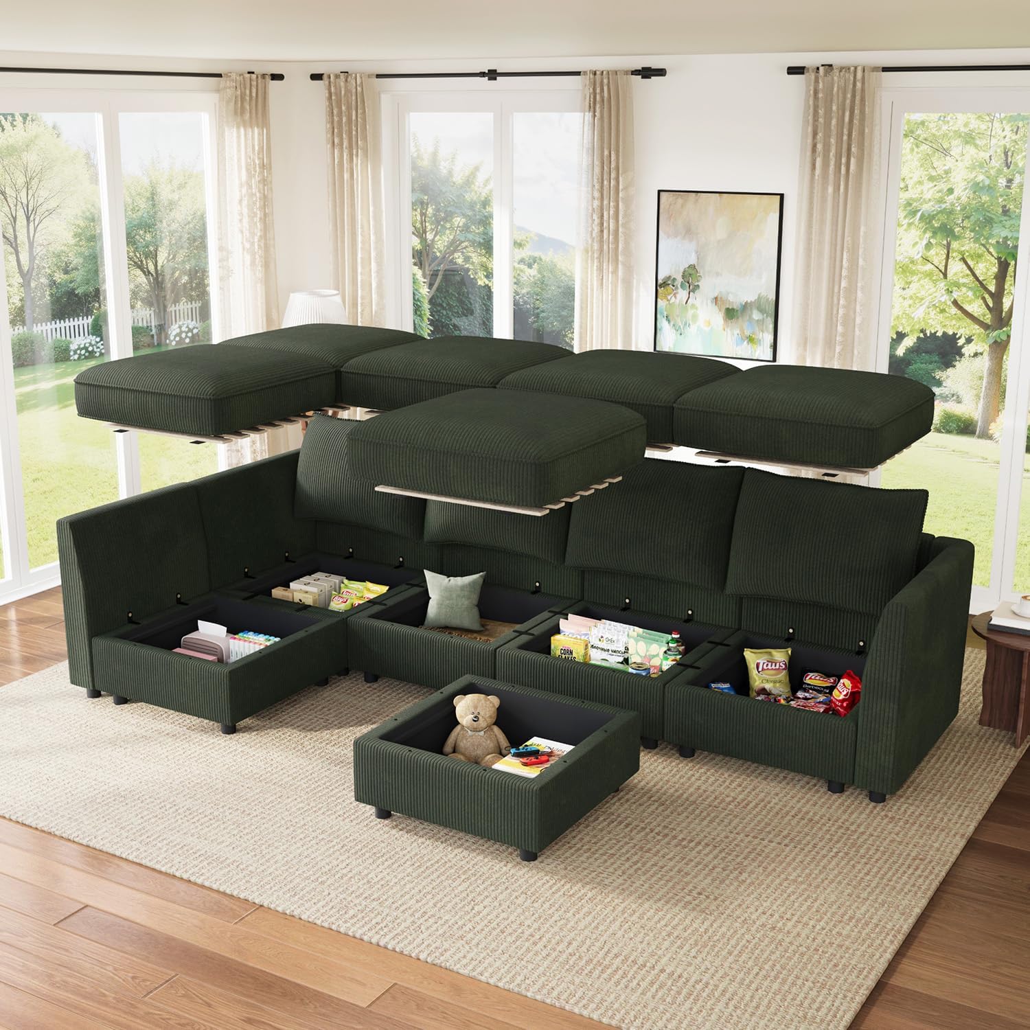 HONBAY Modular Sectional Sofa L Shaped Sectional Couch with Storage, Convertible Couches for Living Room - Green