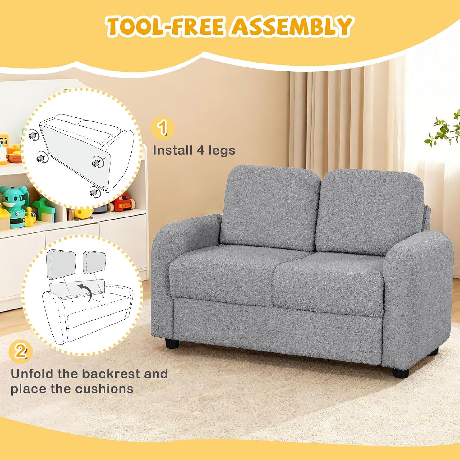 Costzon Kids Couch, 2 Seat Toddler Armrest Chair w/Teddy Fleece Upholstery & Solid Wooden Frame, Double Seat Children's Sofa for Preschool, Bedroom, Playroom, Daycare, Ideal Gift for Girls Boys
