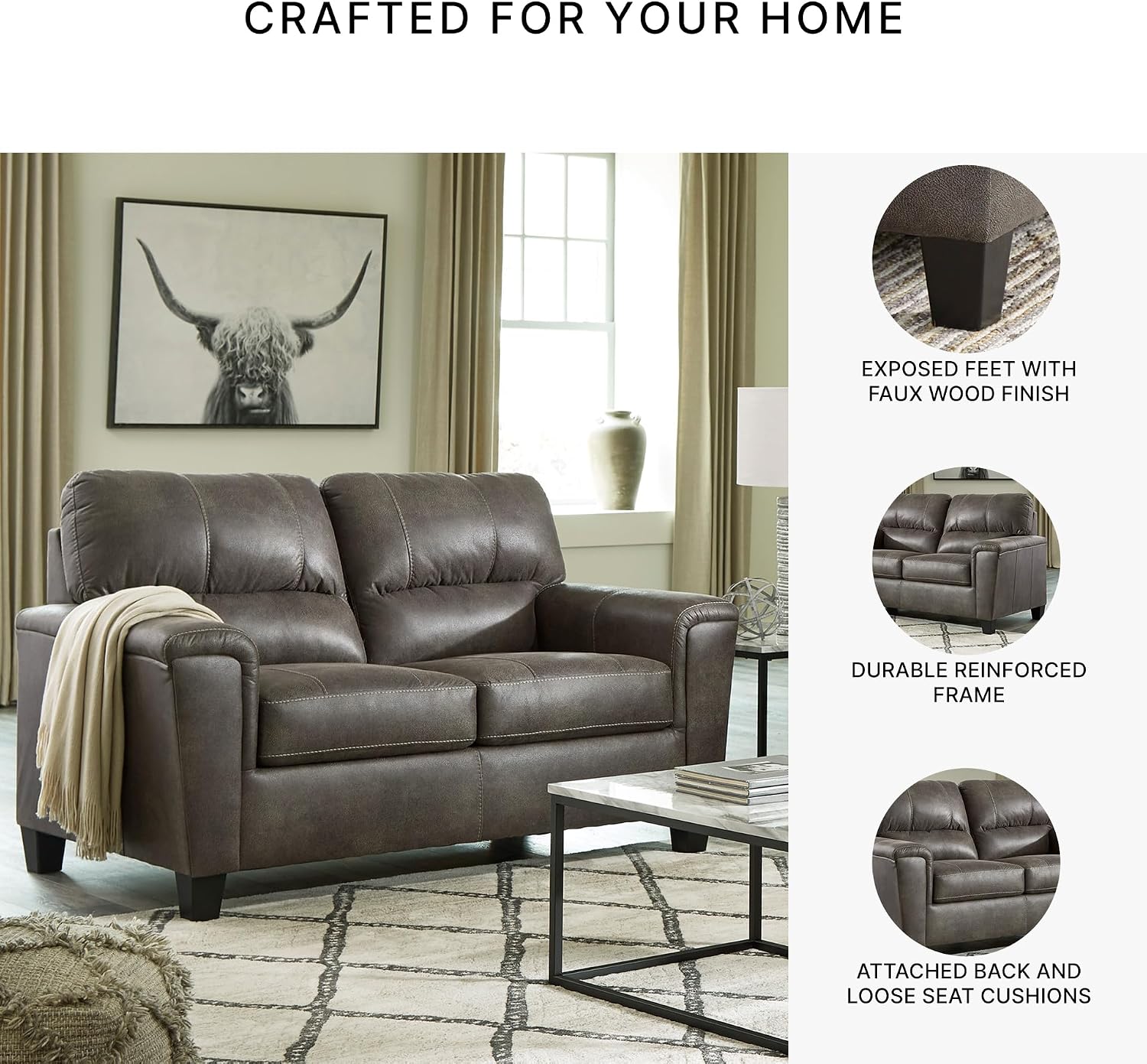 Signature Design by Ashley Navi Faux Leather Modern Loveseat, Gray