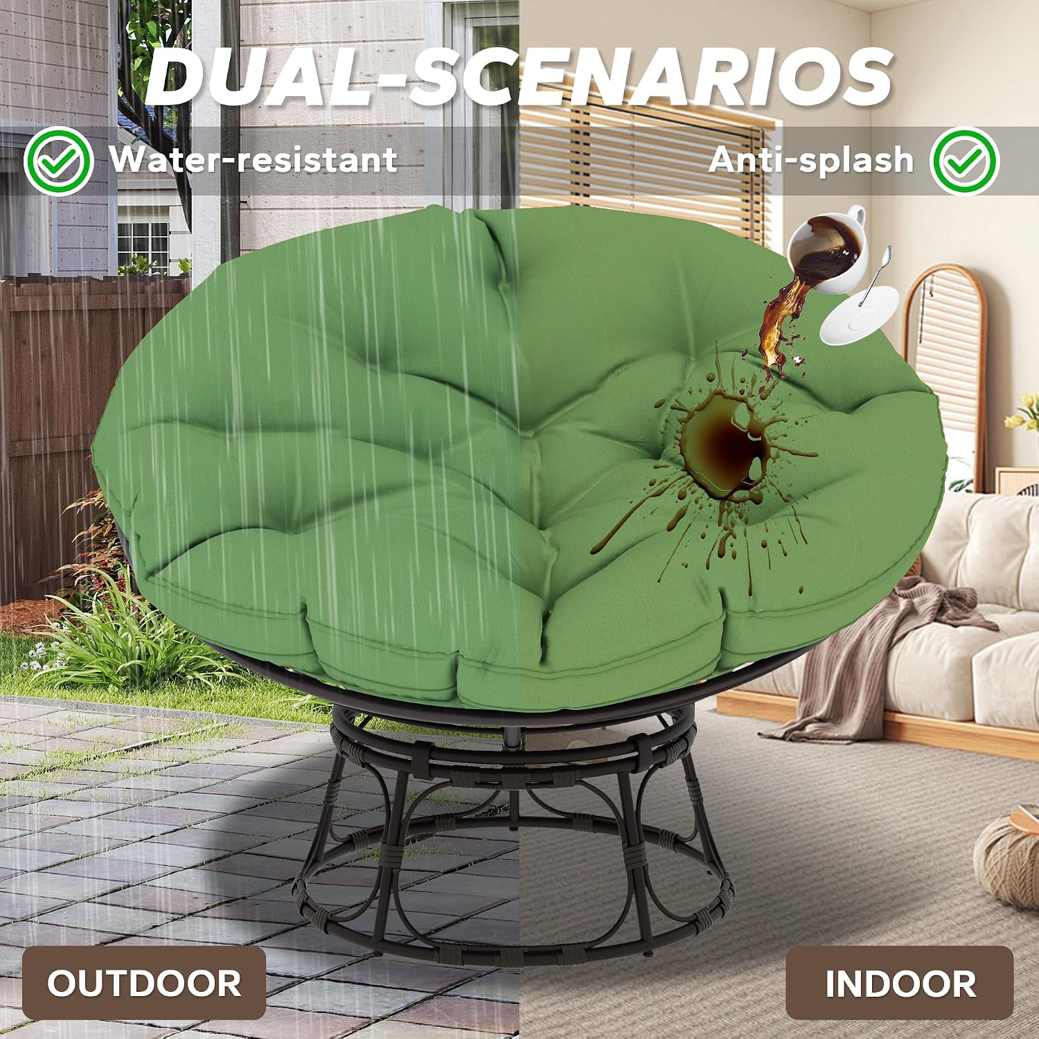 46'' Large Size Papasan Chair (Non-Swivel) with Cushion and Frame, Lazy Chair for Living Room and Bedroom, Green
