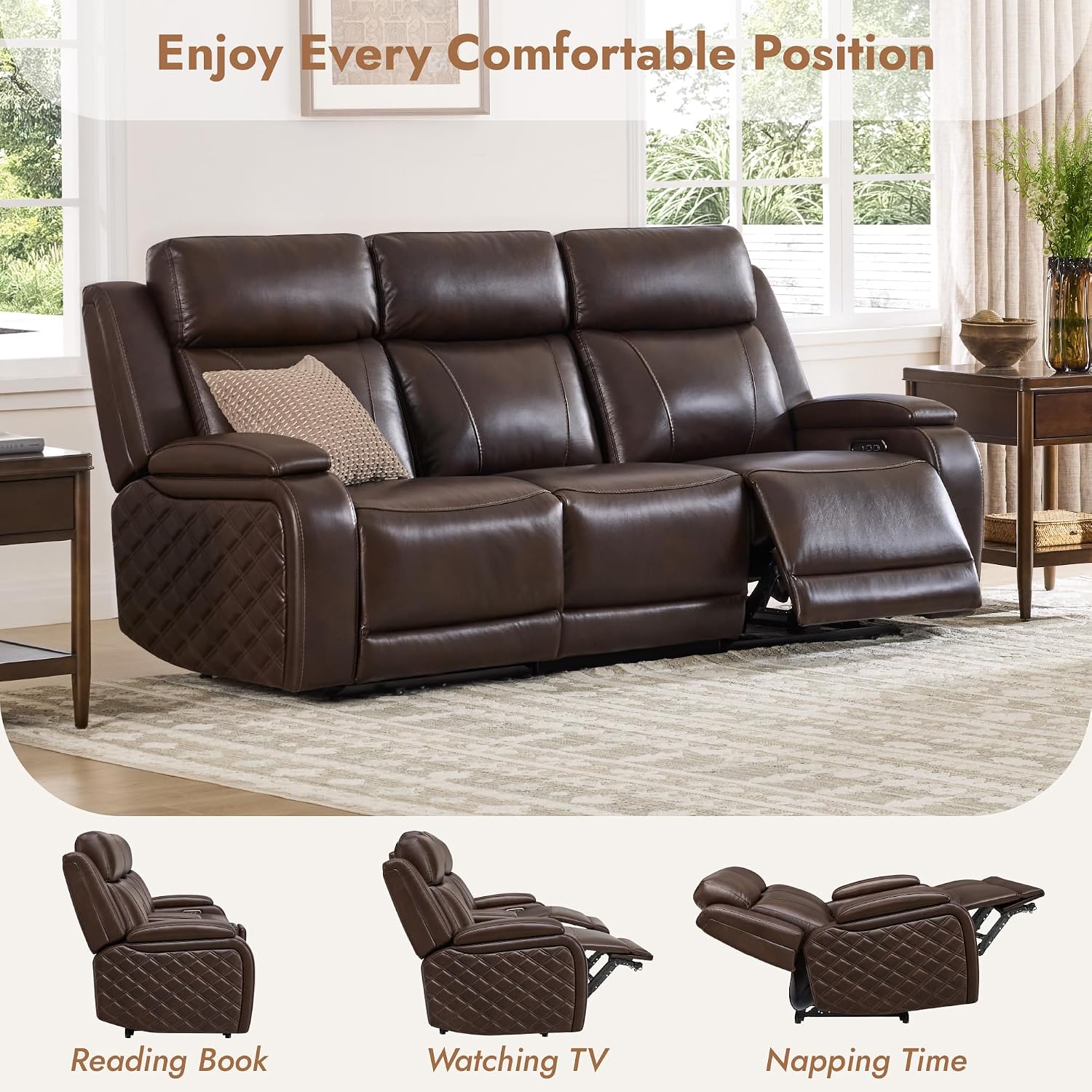 Watson & Whitely Genuine Leather Power Recliner Sofa, 3 Seater Zero Gravity Reclining Couch with Power Headrest & Flip Middle Backrest Table, Hidden Storage, Cup Holders for Living Room, Dark Brown