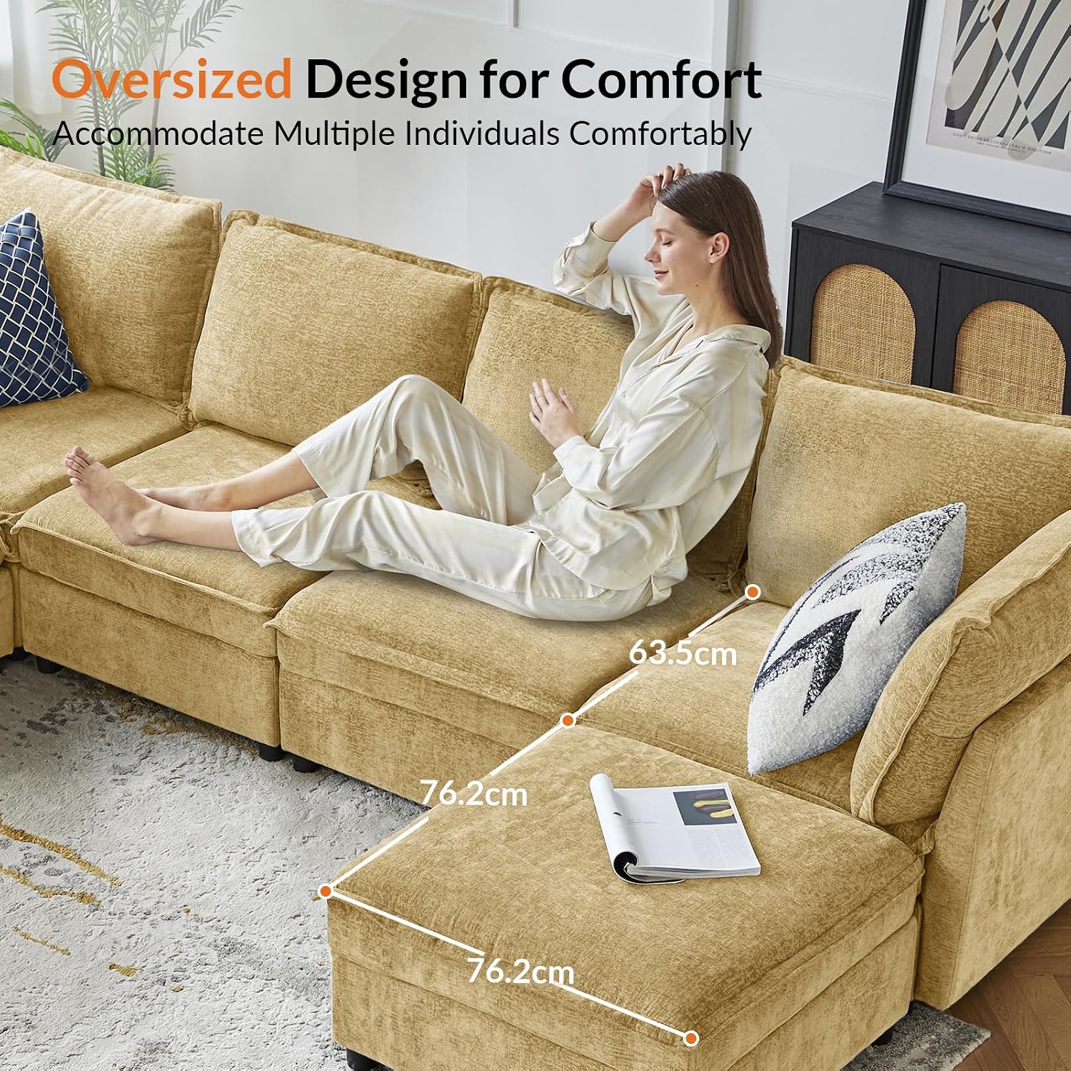 HULALA HOME 127'' Modular Sectional Sofa, Oversized U Shaped Couch with Storage Ottoman, Comfy Chenille Sofa with Deep Seat, 6 Seat Convertible Couches for Living Room, Cream