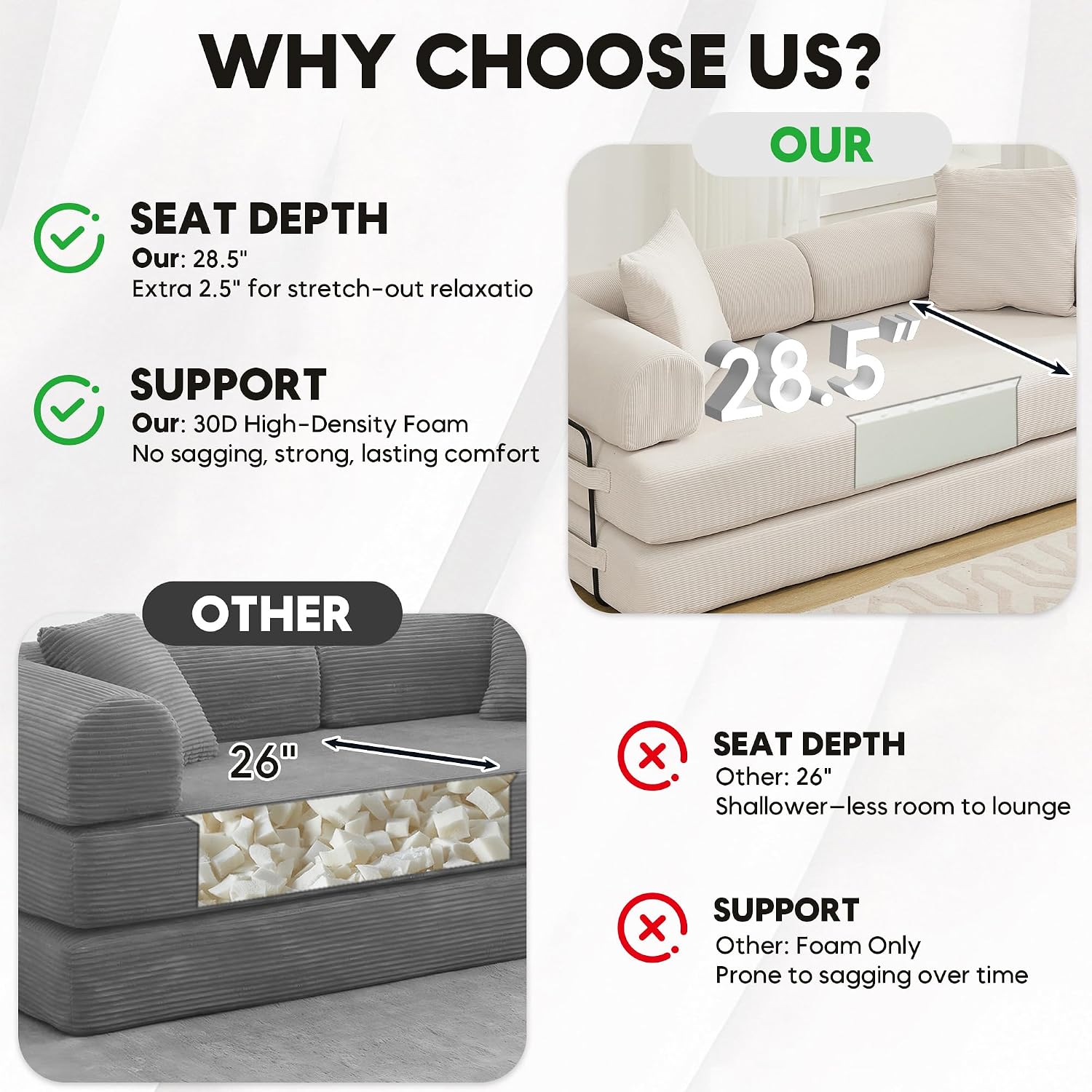 ZEIINPA Convertible Sleeper Sofa Bed with Cylindrical Pillow, Corduroy Folding Mattress Couch with Fixed-Shape Frame, Floor Sofa Lounge Couch for Living Room Bedroom Lounge Studio, Beige