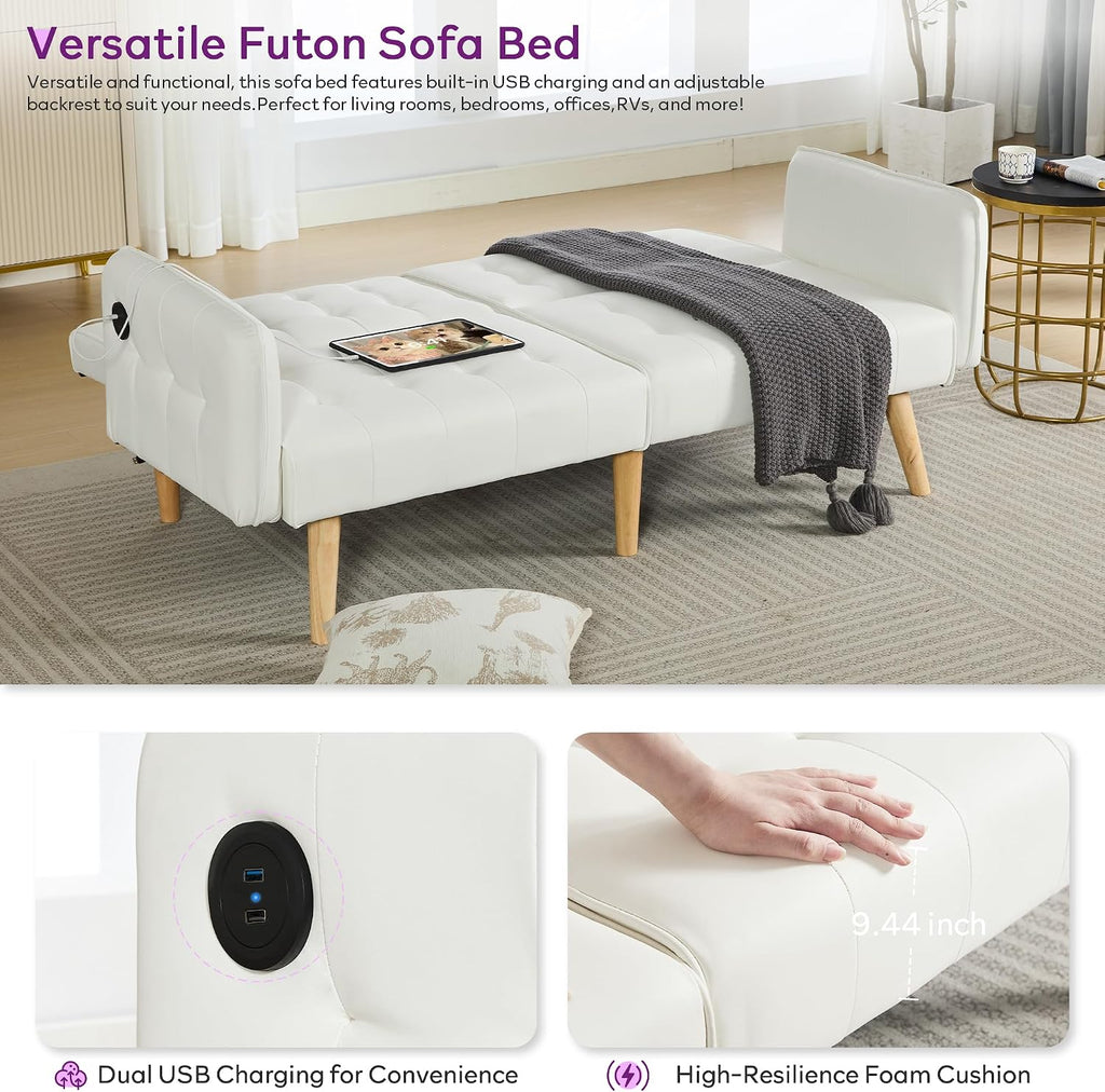TYBOATLE Modern White Faux Leather Upholstered Convertible USB Folding Futon Sofa Bed, 65' Couch, Love Seats Furniture for Small Space Configuration, Apartment, Dorm, Living Room, Office