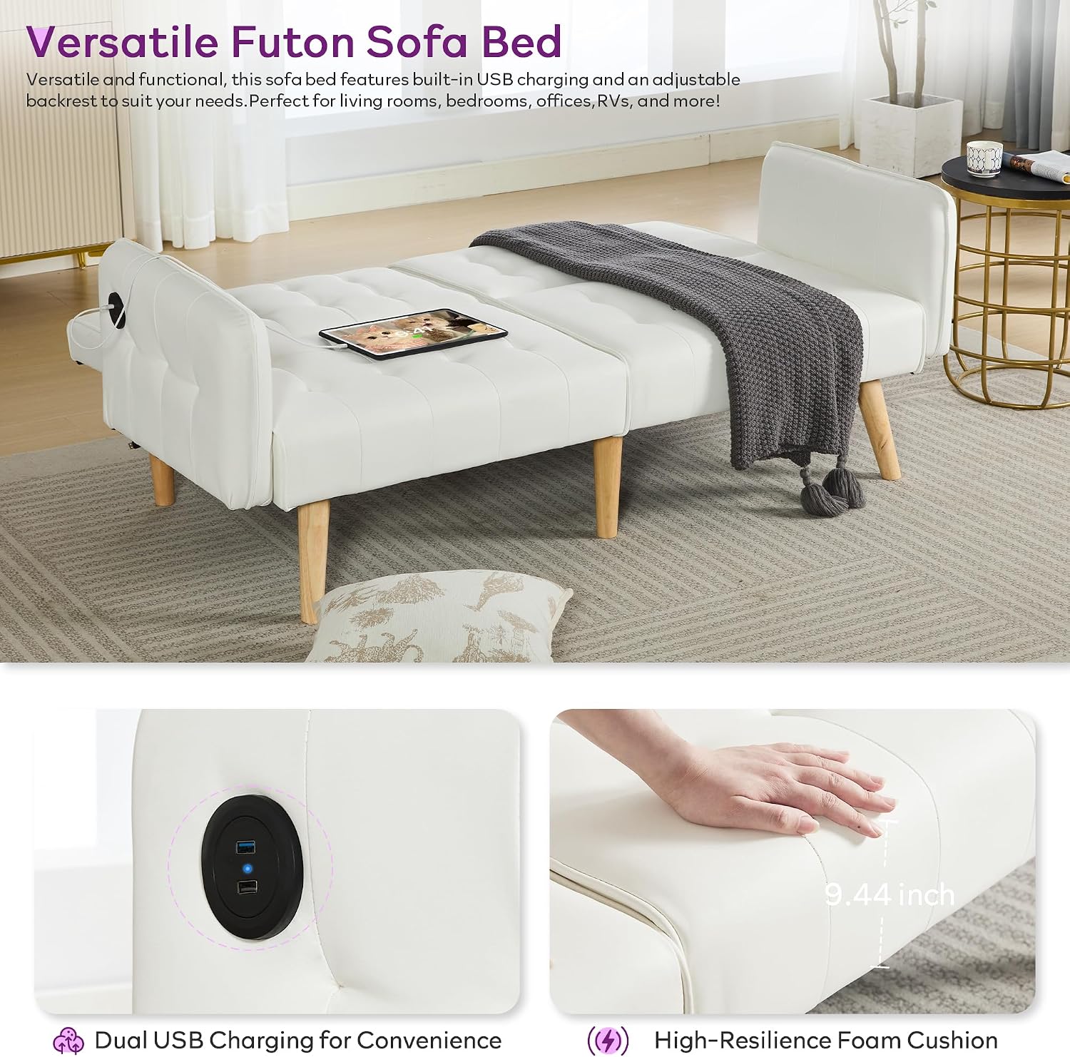 TYBOATLE Modern White Faux Leather Upholstered Convertible USB Folding Futon Sofa Bed, 65' Couch, Love Seats Furniture for Small Space Configuration, Apartment, Dorm, Living Room, Office