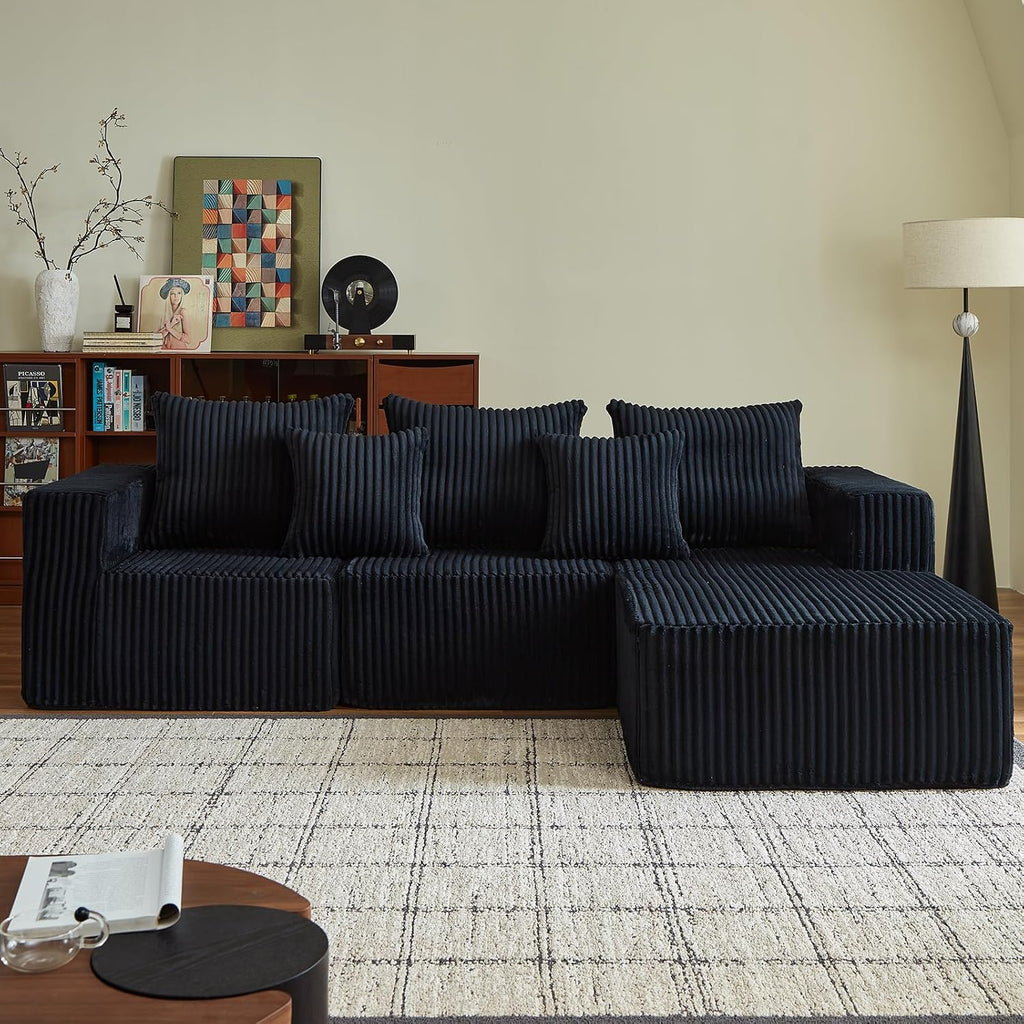 102' Black Couch for Living Room,Boneless Couch No Assembly Required,Comfy Couches with Oversized Chaise,Compressed Sofa for Any Room,Modern Sofa-Corduroy