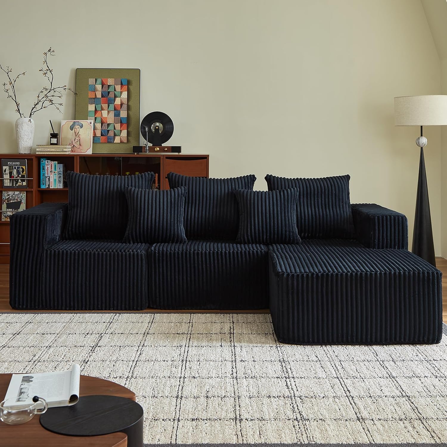 102' Black Couch for Living Room,Boneless Couch No Assembly Required,Comfy Couches with Oversized Chaise,Compressed Sofa for Any Room,Modern Sofa-Corduroy