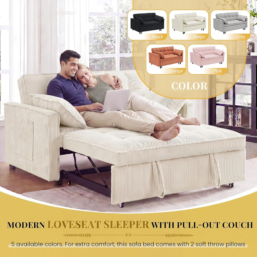 CAPCAEK 3 in 1 Convertible Sleeper Sofa Bed, Modern Corduroy Loveseat Pull-Out Couch w/Pullout Bed, Small Love Seat Lounge Sofa w/Reclining Backrest,Toss Pillows, Pockets, for Living Room