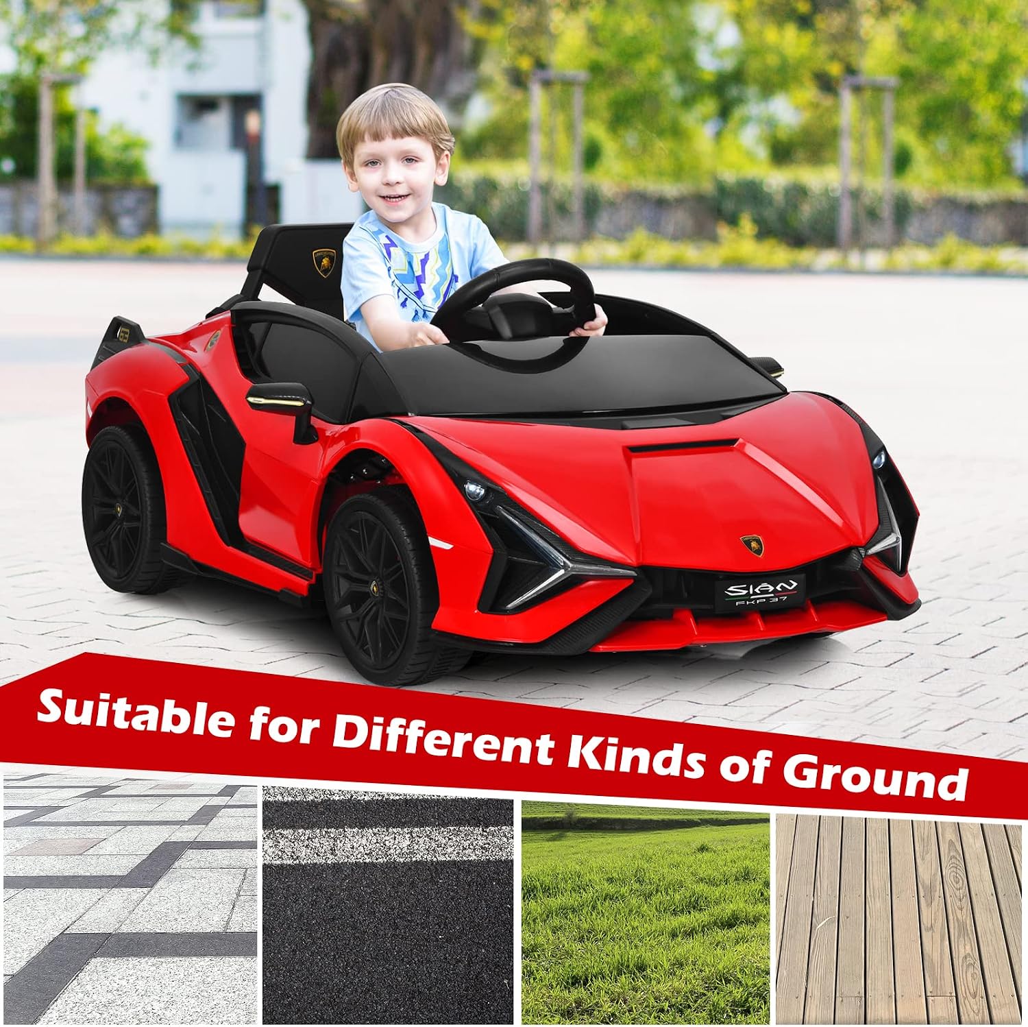 INFANS 12V Licensed Lamborghini Sian Kids Ride On Car with Parent Remote Control, Spring Suspension, MP3 Player, Electric Toy Roadster Carbon Fiber Textured for Toddler (Red)