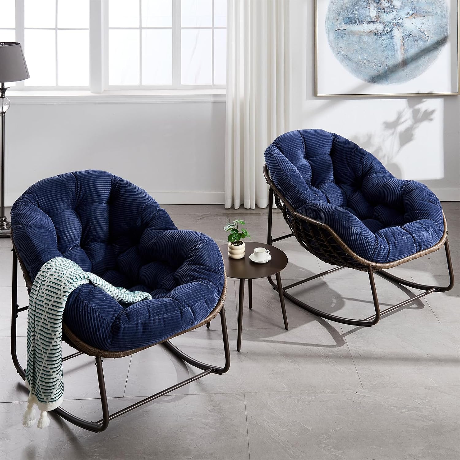 JEEOHEY Papasan Rocking Chairs Outdoor Indoor, Oversized Rattan Rocker Patio Chair with Padded Cushion, Comfy Modern Indoor Egg Chair for Living Room, Bedroom, Porch, Garden, Balcony(Corduroy, Navy)
