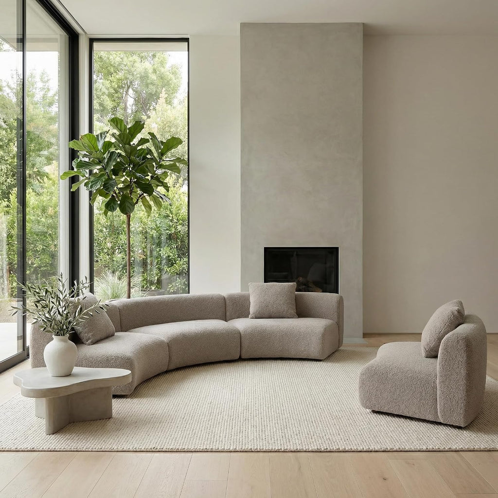 Acanva Modern Curved Sectional Living Room Couch, Minimalist Comfy Boucle Fabric Modular Sofa for Apartment, Home Office, 3-Piece Set (3 x Armless Chair), Light Coffee | Boucle Fabric, Modular, Minimalist, Comfy