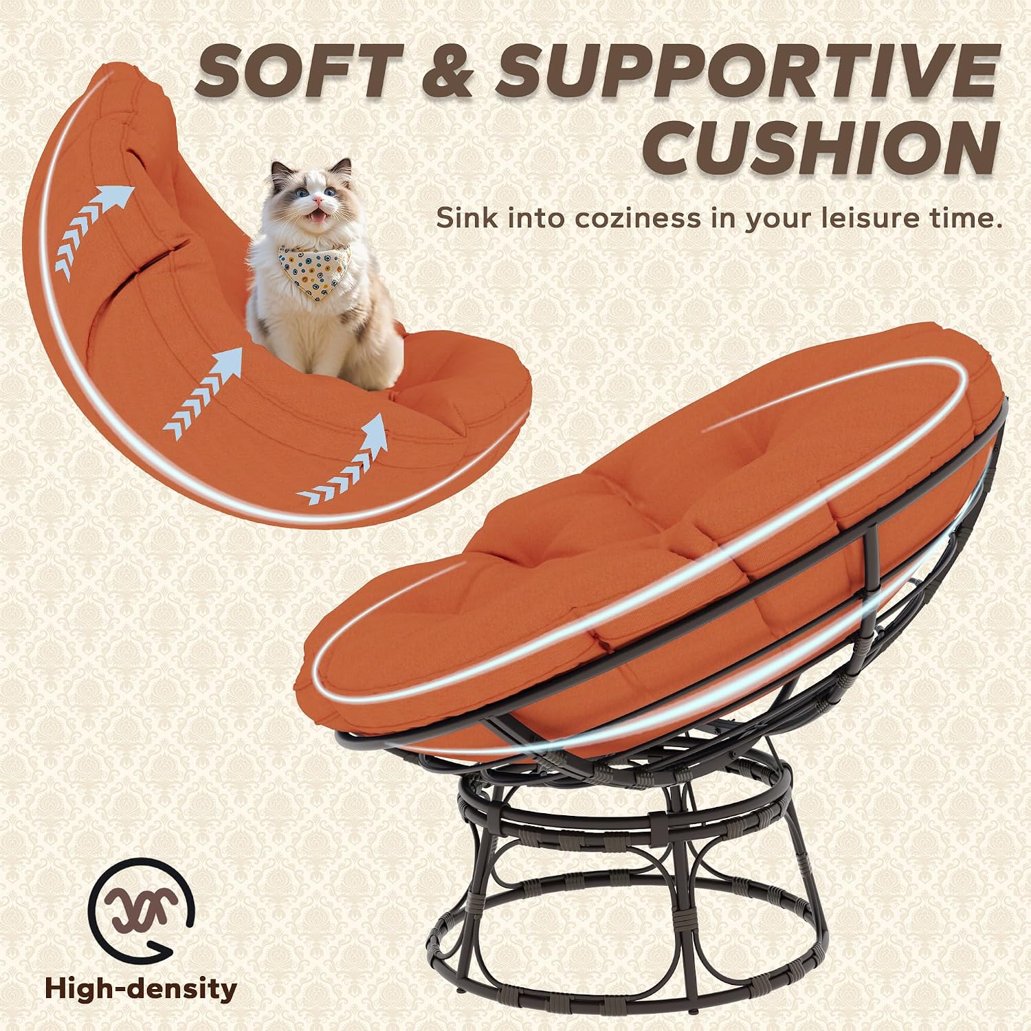 46'' Large Size Papasan Chair (Non-Swivel) with Cushion and Frame, Round Lazy Chair for Living Room and Bedroom, Orange