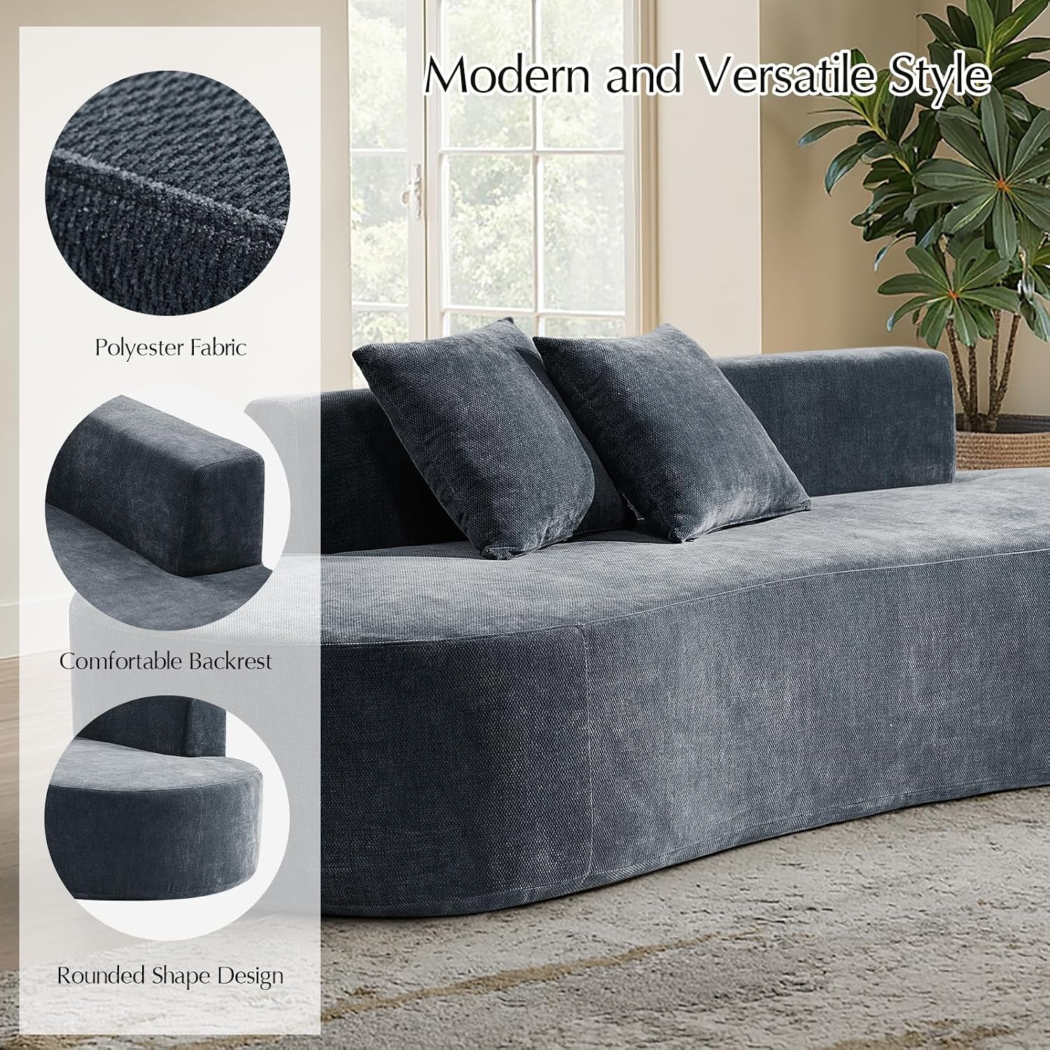 HULALA HOME 94.5' Curved Boneless Couch with Two Pillows, Oversized 3 Seater Compressed Foam Sofa with Deep Seat, Modern Cloud Couch for Living Room, No Assembly Required, Blue