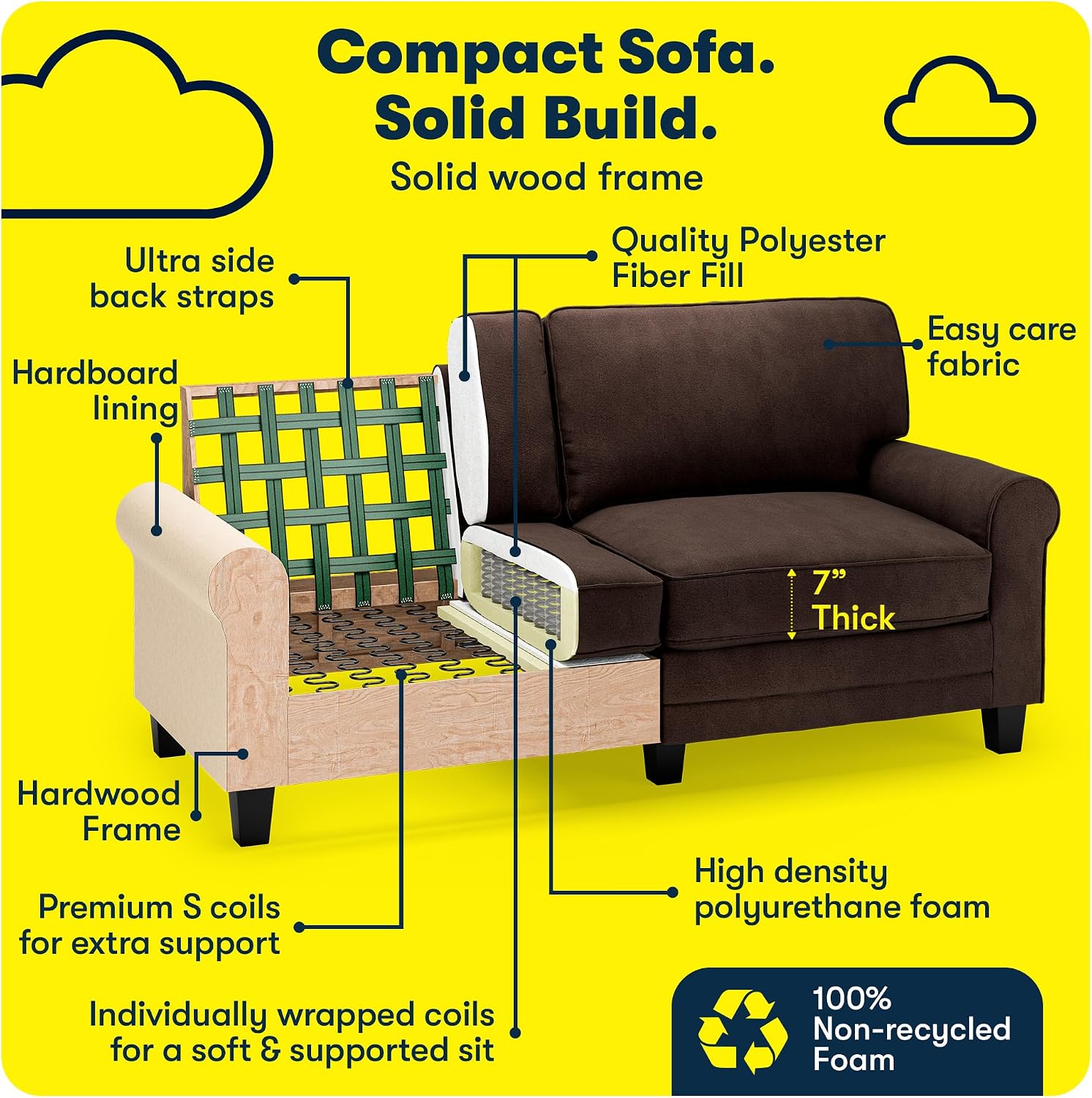 Serta Copenhagen 73' Rolled Arm Sofa, Easy Care Polyester, Soft Pillow Back, Pocket Coil Seat Cushions, Removable Covers, Loveseat or Couch for Small Spaces, Living Rooms or Bedrooms, Brown