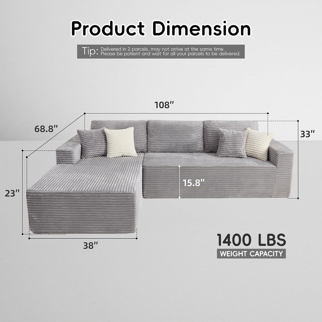 Opiesit 108' Boneless Couches for Living Room, Modular Sectional Sofa with Oversized Chaise, L-Shape Cloud Couch with Deep Seat, High-Density Memory Foam, No Assembly Required, Plush Corduroy Grey