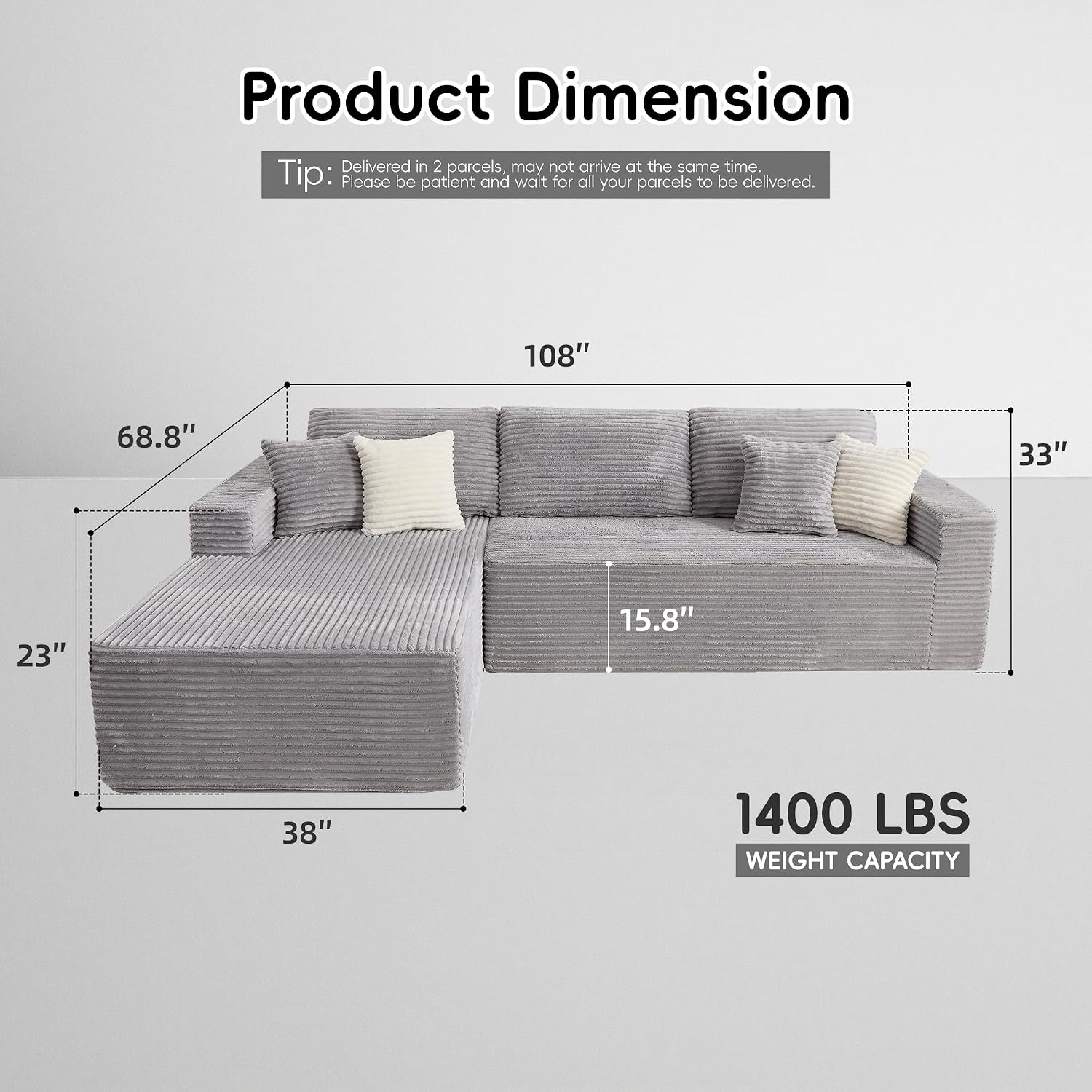 Opiesit 108' Boneless Couches for Living Room, Modular Sectional Sofa with Oversized Chaise, L-Shape Cloud Couch with Deep Seat, High-Density Memory Foam, No Assembly Required, Plush Corduroy Grey
