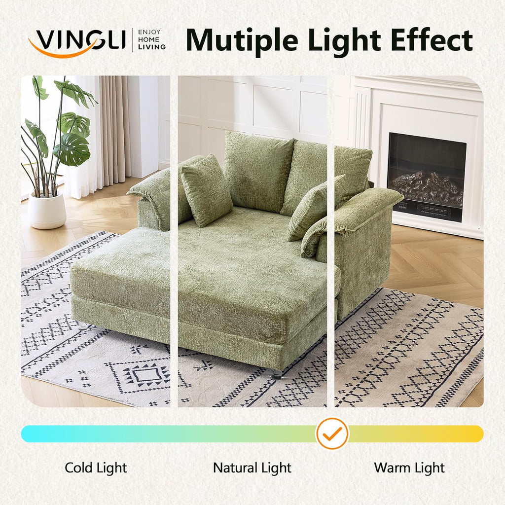 VINGLI Modern Floating Chaise Lounge Chair with Acrylic Legs, Upholstered Cushion Deep Seat Lounge Sofa with Iron-Wood KD Frame, Pillow Armrest, Accent Chair for Living Room, Play Room Apartment