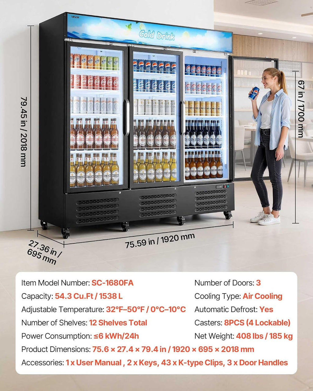 VEVOR Commercial Merchandiser Refrigerator, 54.3 Cu.Ft / 1538L Upright Beverage Cooler, 3 Glass Door Display Refrigerator with Customizable Lightbox, 12 Adjustable Shelves, Soft LED Lighting & Casters