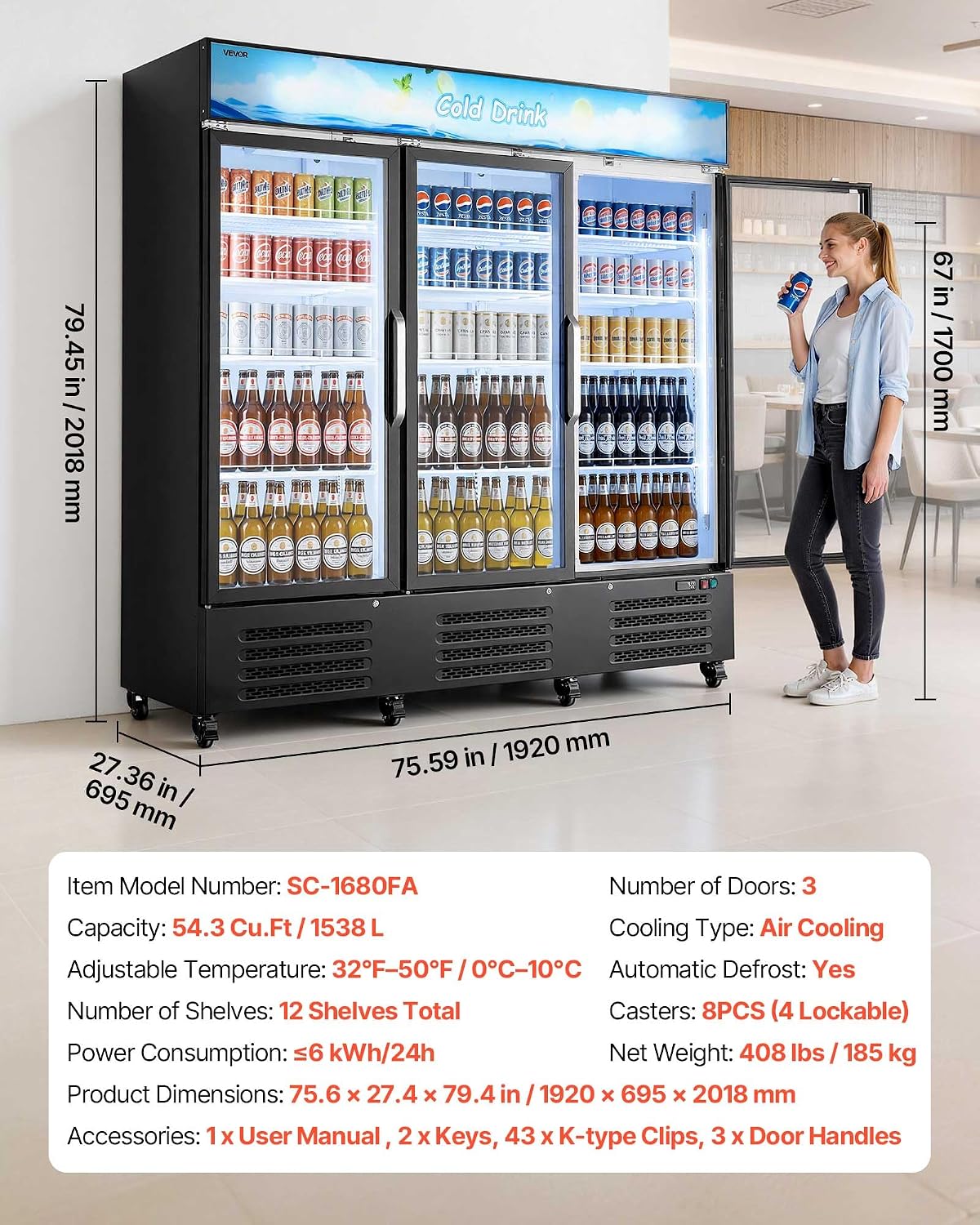 VEVOR Commercial Merchandiser Refrigerator, 54.3 Cu.Ft / 1538L Upright Beverage Cooler, 3 Glass Door Display Refrigerator with Customizable Lightbox, 12 Adjustable Shelves, Soft LED Lighting & Casters