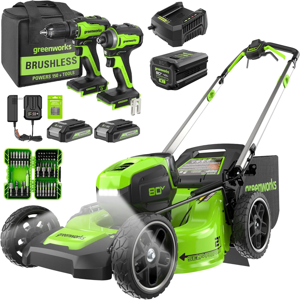 Greenworks 80V 21' Brushless Cordless (Self-Propelled) Lawn Mower (LED Headlight + Aluminum Handles), 4.0Ah Battery and Rapid Charger + Bonus 24V Power Tool Combo Kit