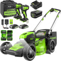 Greenworks 80V 21' Brushless Cordless (Self-Propelled) Lawn Mower (LED Headlight + Aluminum Handles), 4.0Ah Battery and Rapid Charger + Bonus 24V Power Tool Combo Kit