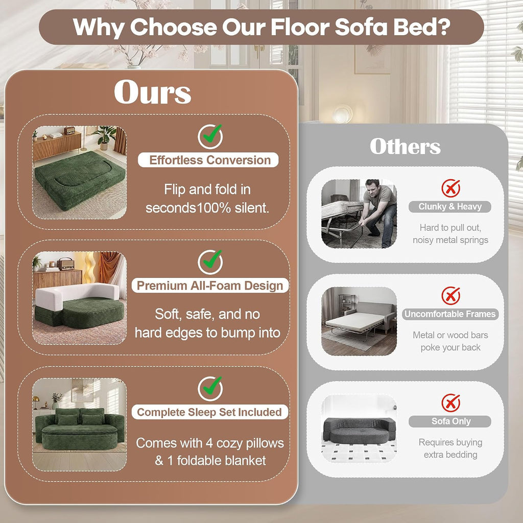 75'' Folding Sleeper Sofa Bed, Convertible Memory Foam Boneless Couch, Foldable Full Size Guest Bed, Modern 2-in-1 Futon Floor Sleeper Sofa with 4 Pillows and Blanket (Corduroy, Green)