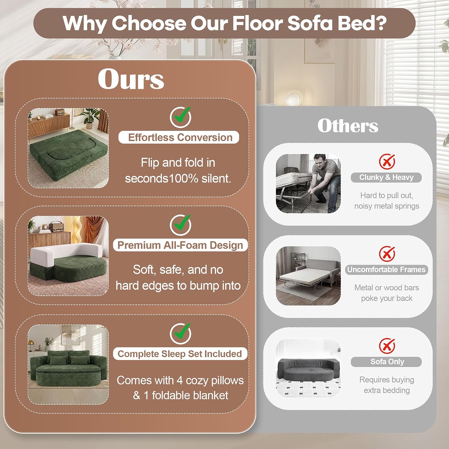 75'' Folding Sleeper Sofa Bed, Convertible Memory Foam Boneless Couch, Foldable Full Size Guest Bed, Modern 2-in-1 Futon Floor Sleeper Sofa with 4 Pillows and Blanket (Corduroy, Green)