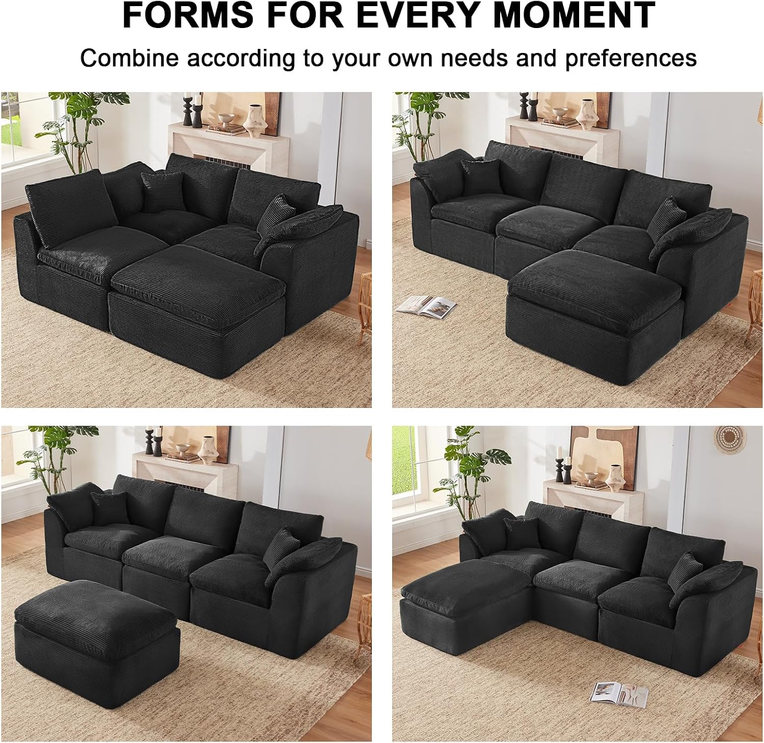 112' Cloud Sectional Couch, Boneless Couches for Living Room, L Shaped Couch with Convertible Ottoman, Modular Sectional Sofa with Deep Seat, Comfy Soft Cushions, No Assembly, Black