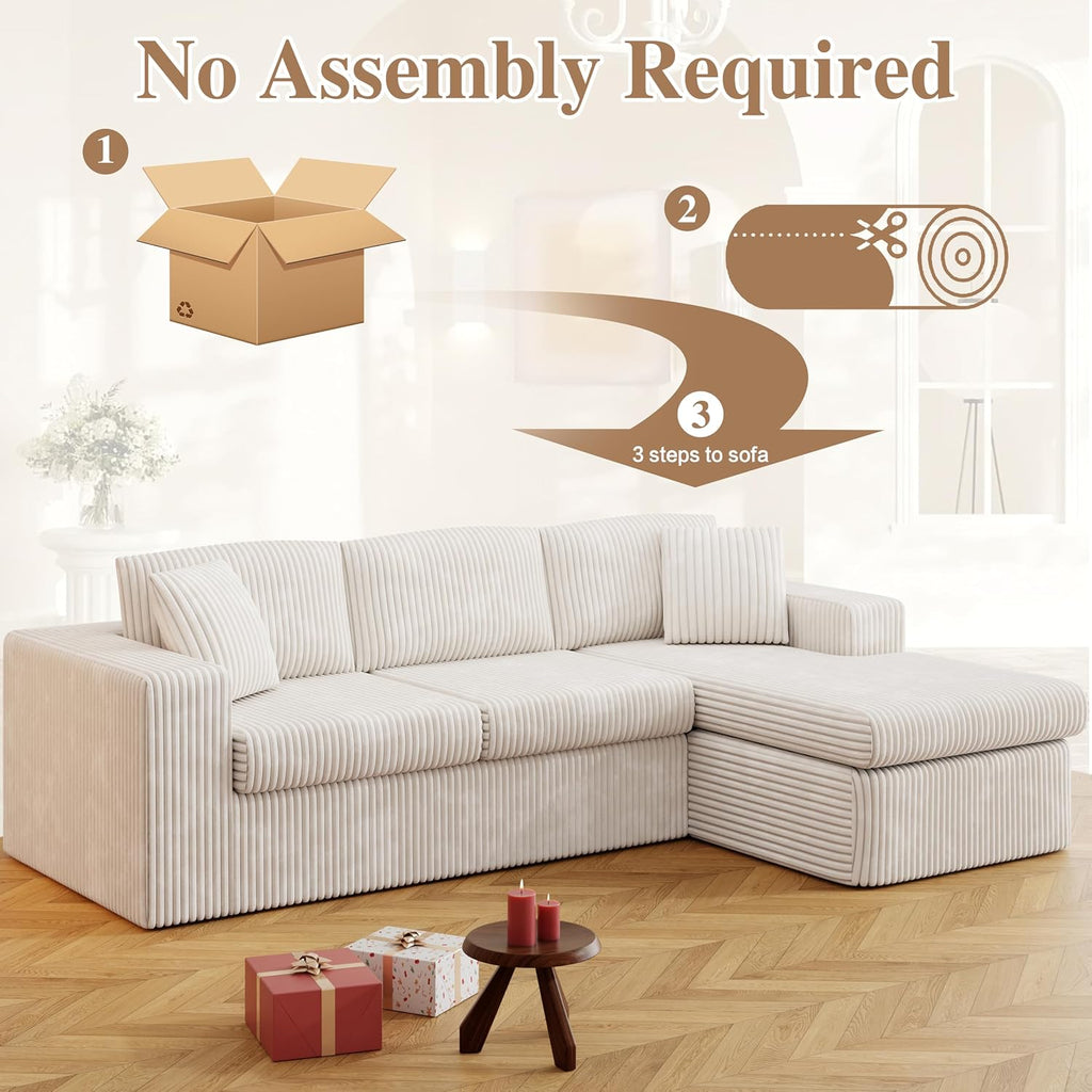 JAMFLY 105' Boneless Couches for Living Room Modular Sectional Sofa L-Shape Couch with Oversized Chaise, Cloud Couch Deep Seat Memory Foam Upholstered for Bedroom, Plush Corduroy Fabric, Cream Beige