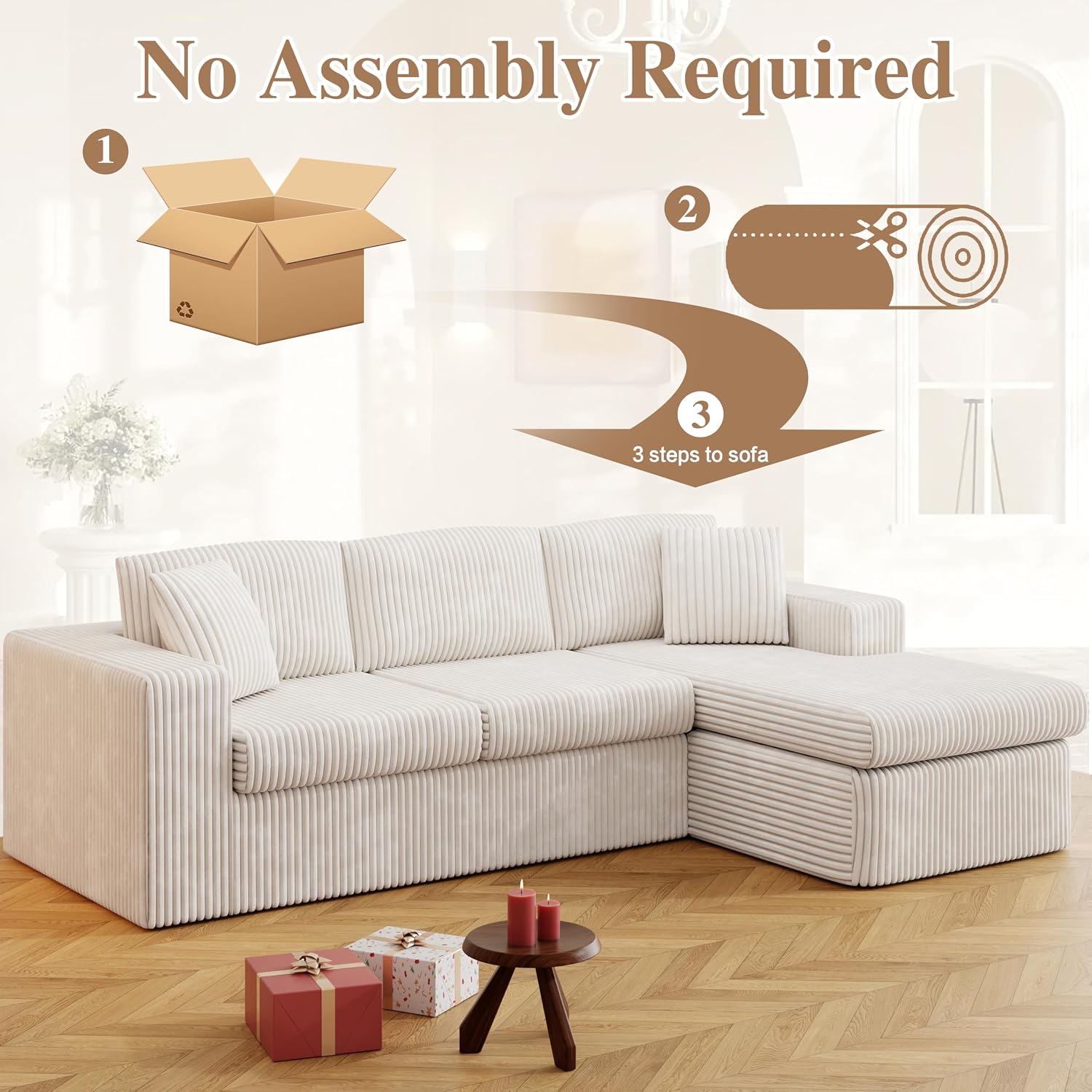 JAMFLY 105' Boneless Couches for Living Room Modular Sectional Sofa L-Shape Couch with Oversized Chaise, Cloud Couch Deep Seat Memory Foam Upholstered for Bedroom, Plush Corduroy Fabric, Cream Beige