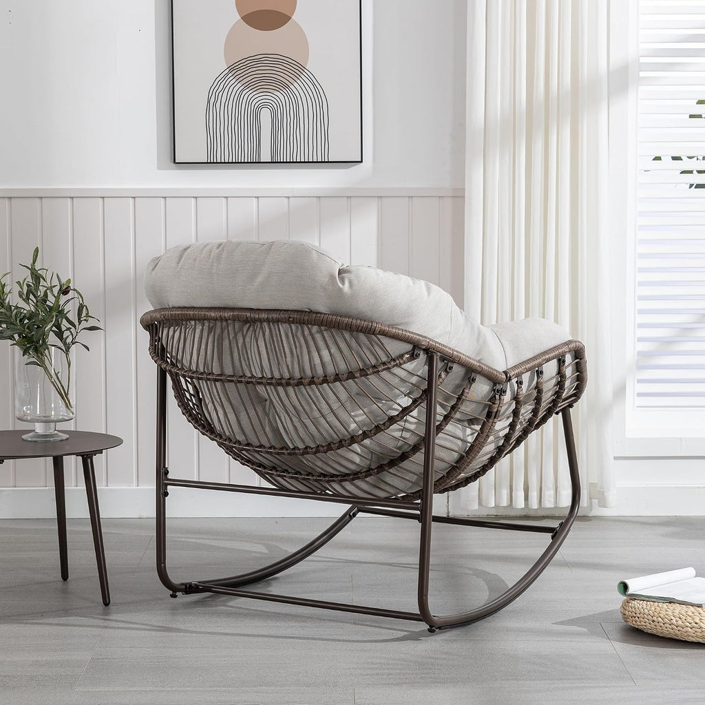 Outdoor Rocking Chairs Set of 2, Patio Oversized Egg Rocking Chair,Indoor & Outdoor Upholstered Papasan Chairs, Modern Lounge Chair for Balcony,Living Room Patio, Front Porch, Garden