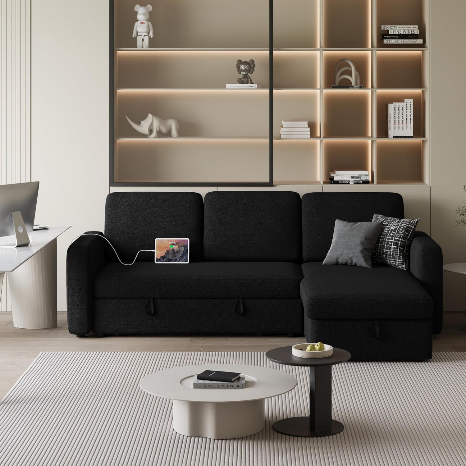 Yaheetech Sectional Sofa L-Shaped Sofa Couch Bed w/Chaise & USB, Reversible Couch Sleeper w/Pull Out Bed & Storage Space Living Room Black
