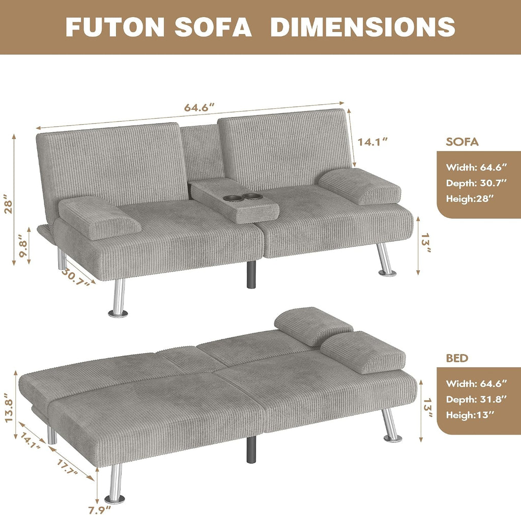 Homall Futon Sofa Bed, Futon Couch with Removable Armrests, Adjustable Recliner Sleeper Sofa Bed with Dual Cup Holders for Living Room, Apartment, Office (Corduroy, Grey)
