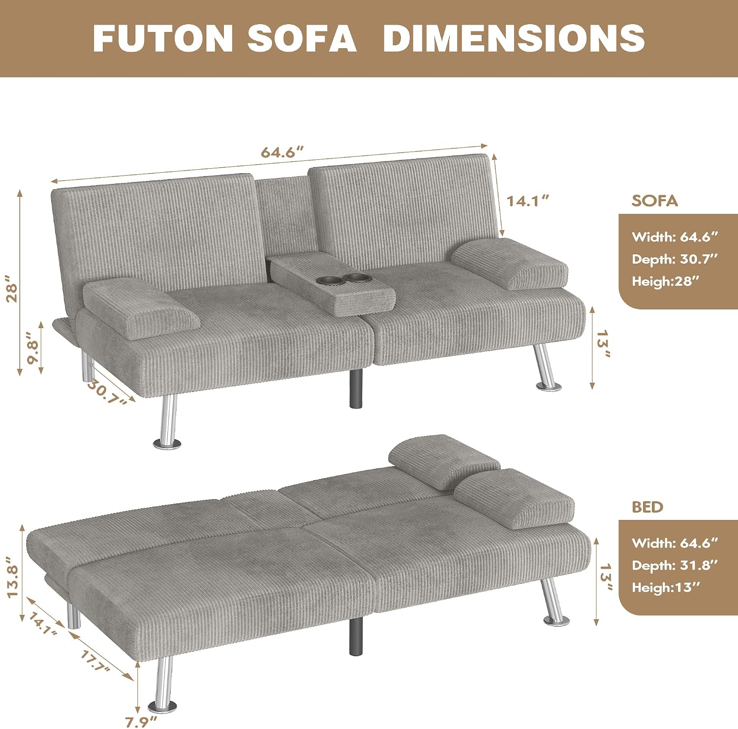 Homall Futon Sofa Bed, Futon Couch with Removable Armrests, Adjustable Recliner Sleeper Sofa Bed with Dual Cup Holders for Living Room, Apartment, Office (Corduroy, Grey)