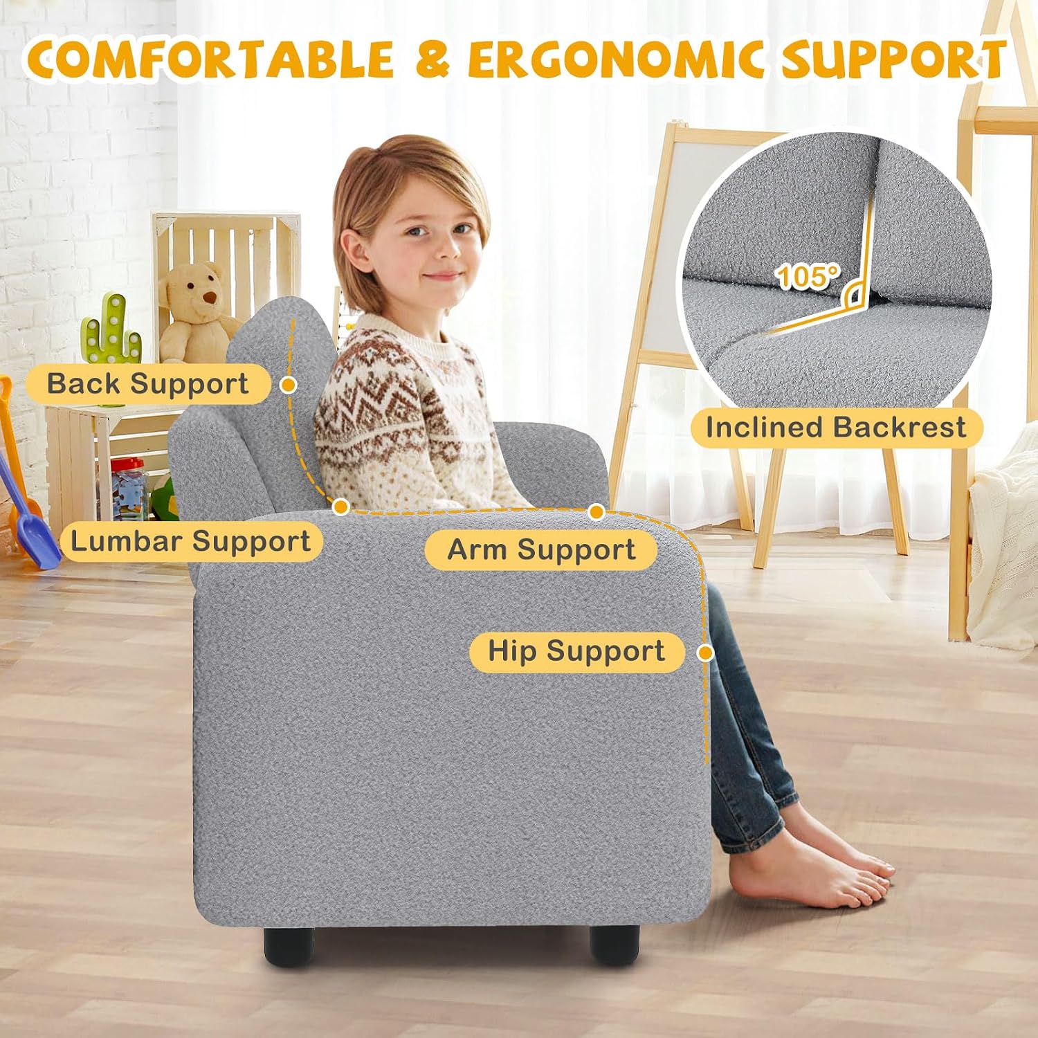 Costzon Kids Couch, 2 Seat Toddler Armrest Chair w/Teddy Fleece Upholstery & Solid Wooden Frame, Double Seat Children's Sofa for Preschool, Bedroom, Playroom, Daycare, Ideal Gift for Girls Boys