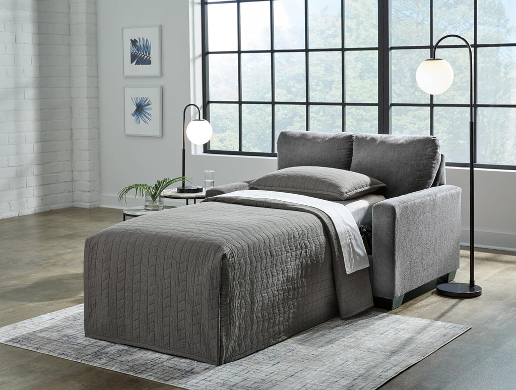 Signature Design by Ashley Rannis Casual 2-in-1 Sofa Sleeper with Folding Gel Memory Foam Mattress, Twin, Gray