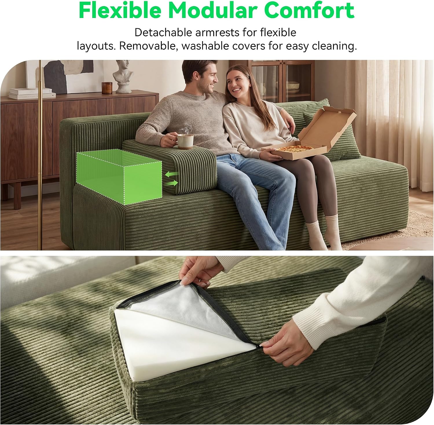 MONVANE 70' Loveseat Sofa with Removable Armrests, Comfy Corduroy Cloud Couch with 4 Pillows, Modern Deep Seat Boneless Couch, 2 Seater Sofa for Living Room, No Assembly Required, Green